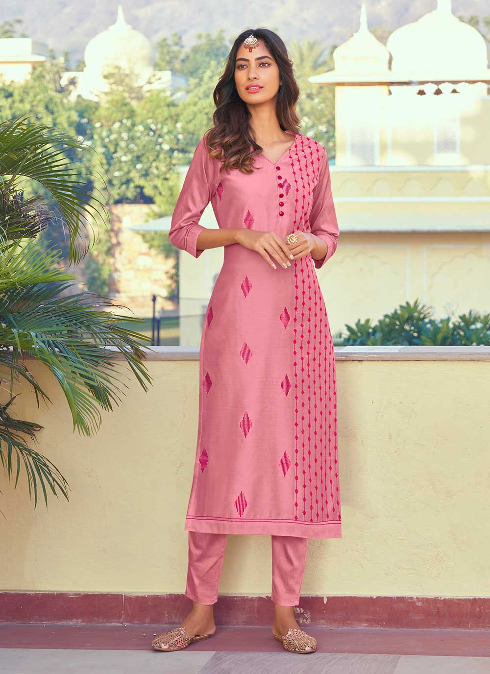 Pink Roma Silk Designer Hand Embroidery Work Readymade Kurti