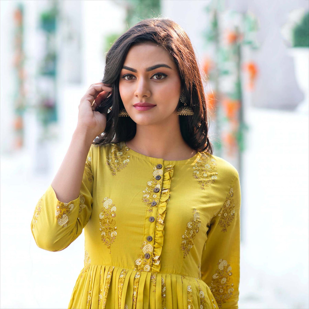 Yellow Beautified Maslin Designer Digital Printed Readymade Kurti