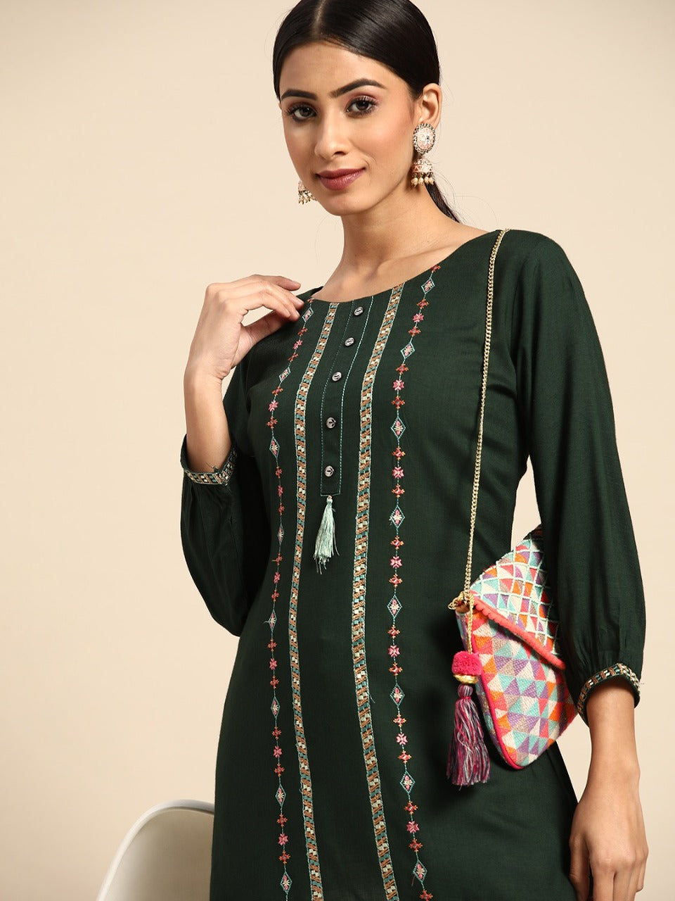 Green Rayon Designer Embroidery Work Readymade Short kurti