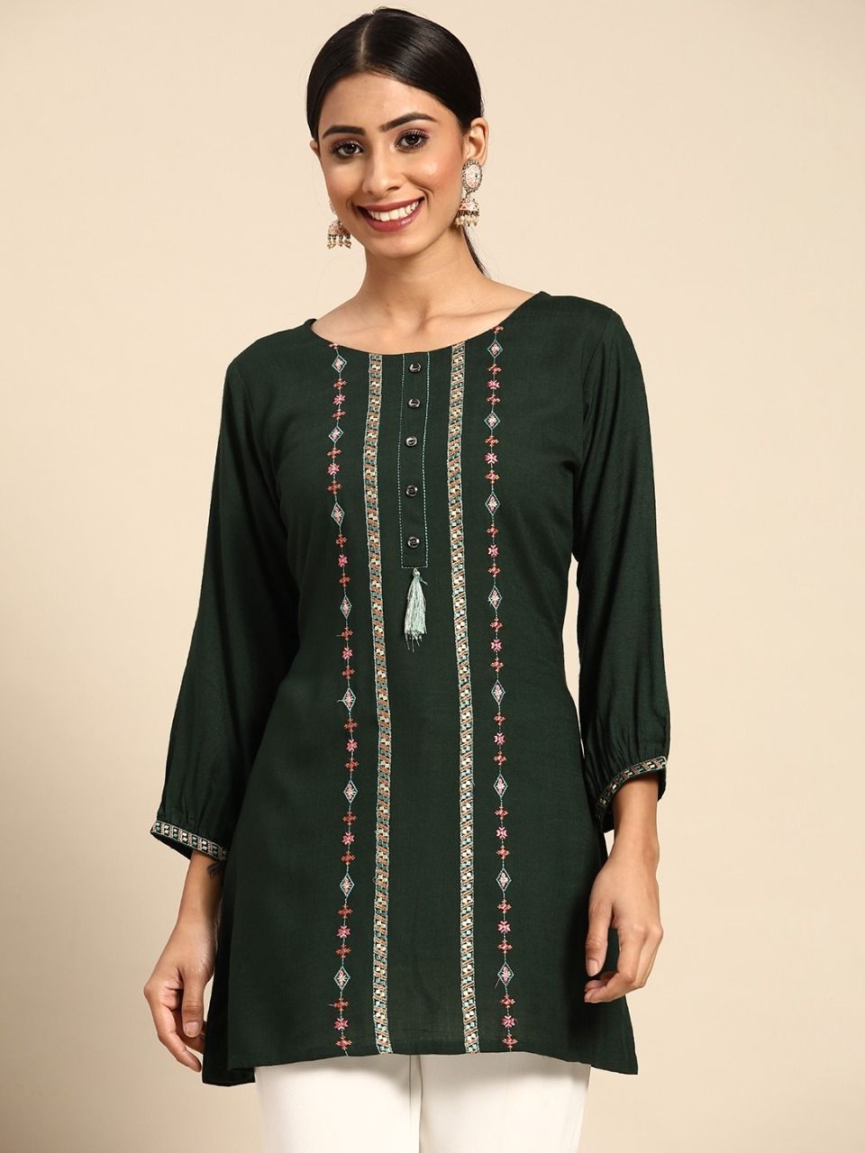 Green Rayon Designer Embroidery Work Readymade Short kurti