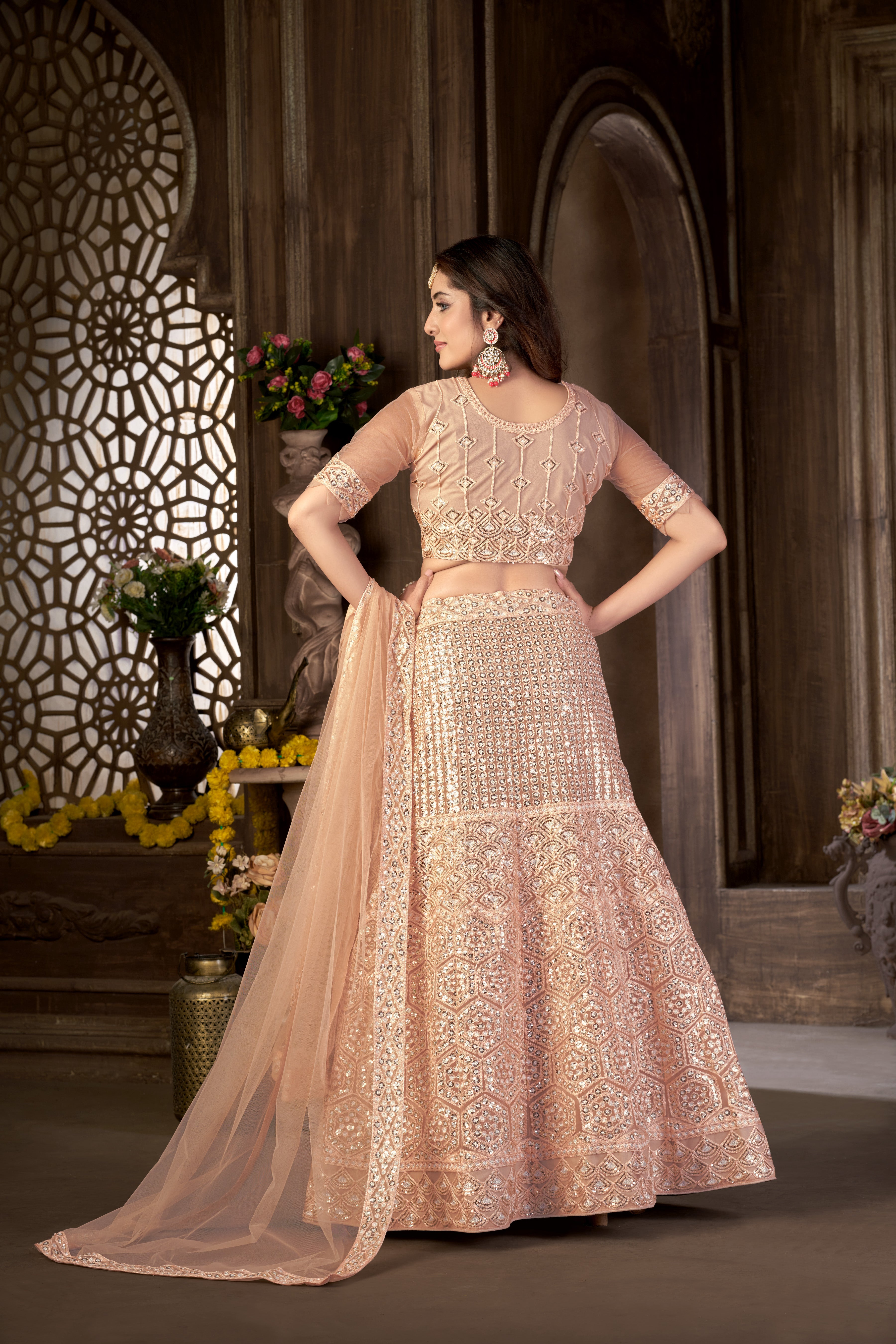 Peach Net with Cancan Heavy Sequence Embroidered Work Semi-Stitched Lehenga Choli