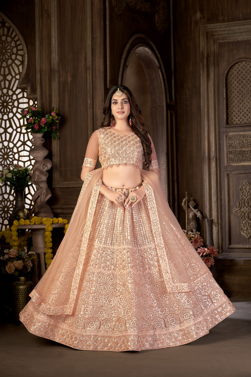 Peach Net with Cancan Heavy Sequence Embroidered Work Semi-Stitched Lehenga Choli