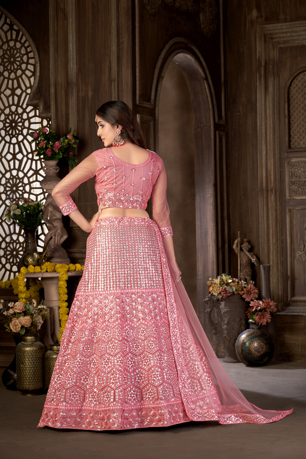Pink Net with Cancan Heavy Sequence Embroidered Work Semi-Stitched Lehenga Choli