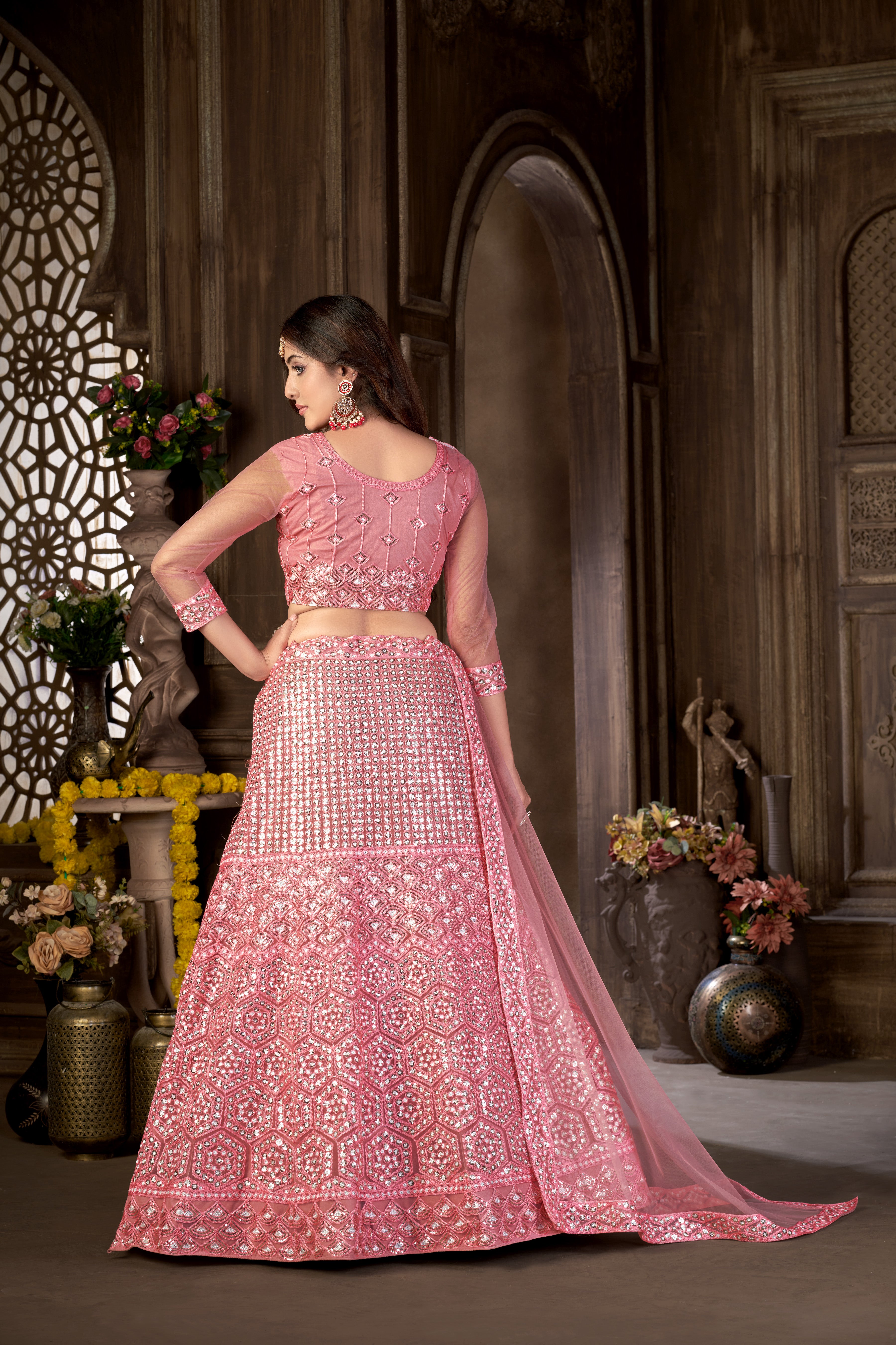 Pink Net with Cancan Heavy Sequence Embroidered Work Semi-Stitched Lehenga Choli
