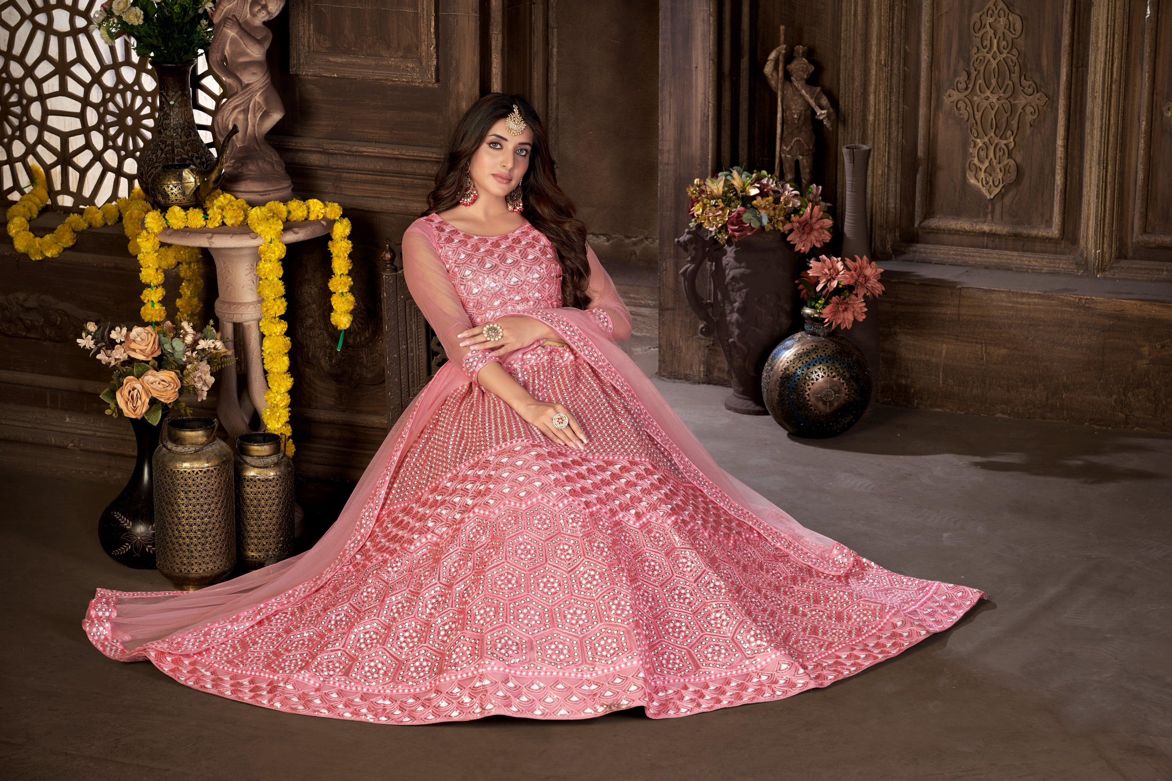 Pink Net with Cancan Heavy Sequence Embroidered Work Semi-Stitched Lehenga Choli