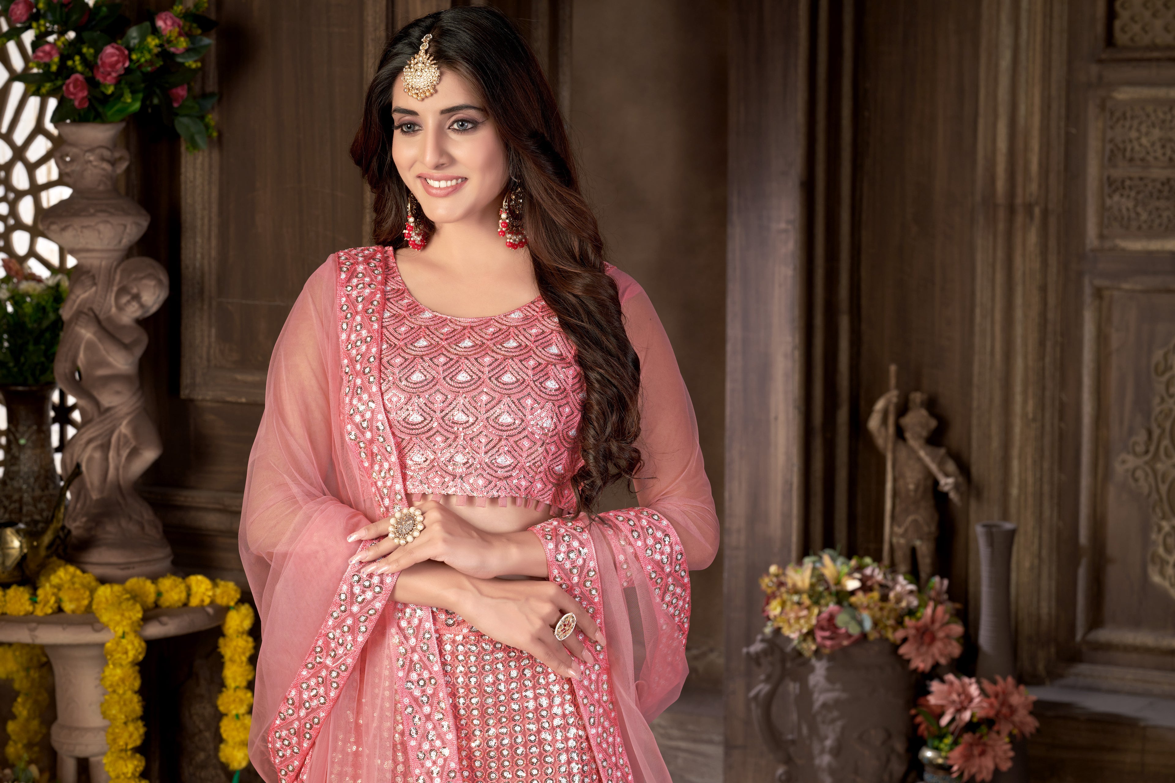 Pink Net with Cancan Heavy Sequence Embroidered Work Semi-Stitched Lehenga Choli