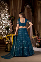 Blue Heavy Net Multi Embroidered With Foil Mirror Work Semi-Stitched Lehenga Choli