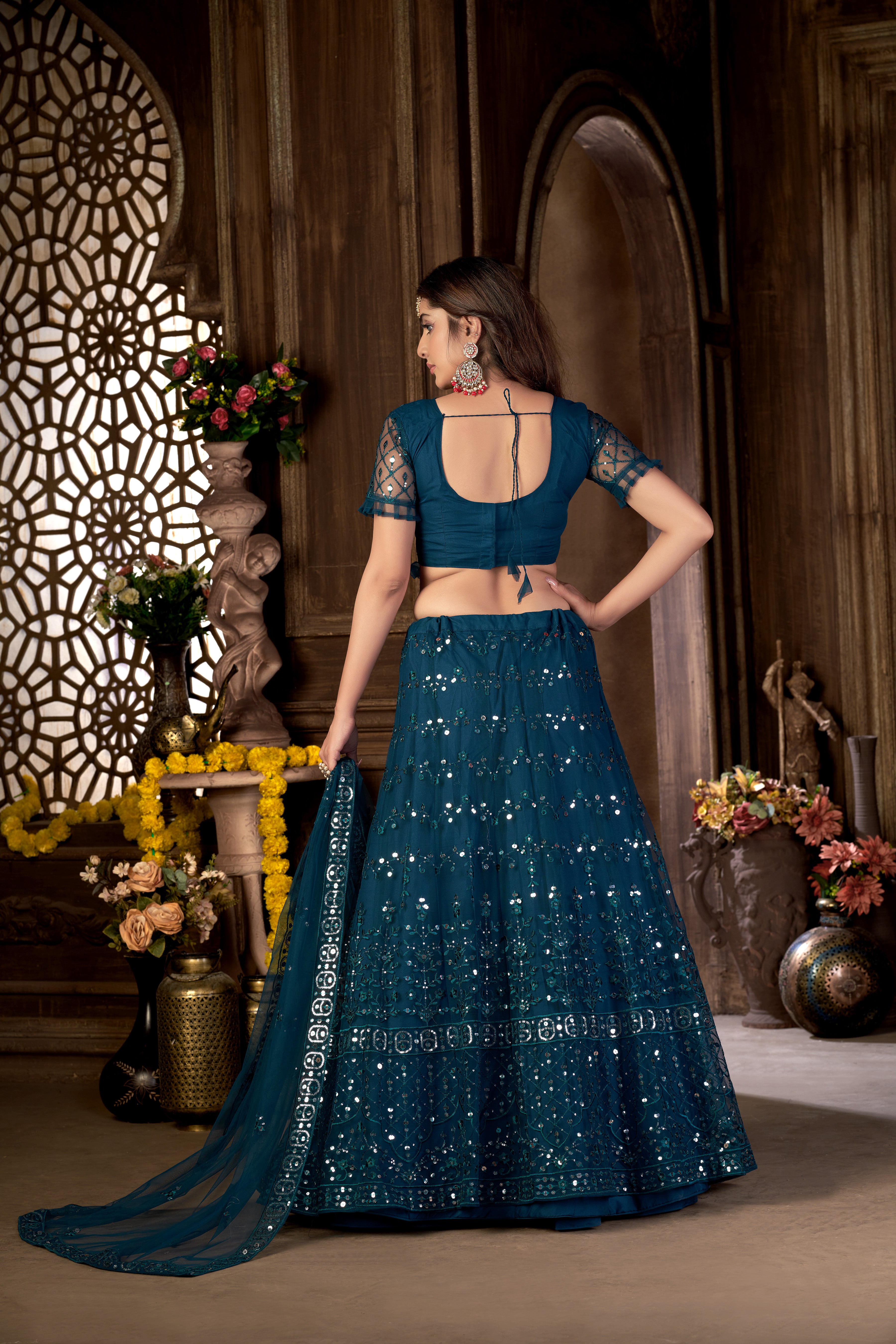 Blue Heavy Net Multi Embroidered With Foil Mirror Work Semi-Stitched Lehenga Choli