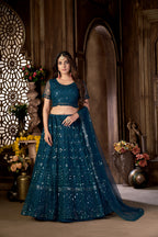 Blue Heavy Net Multi Embroidered With Foil Mirror Work Semi-Stitched Lehenga Choli