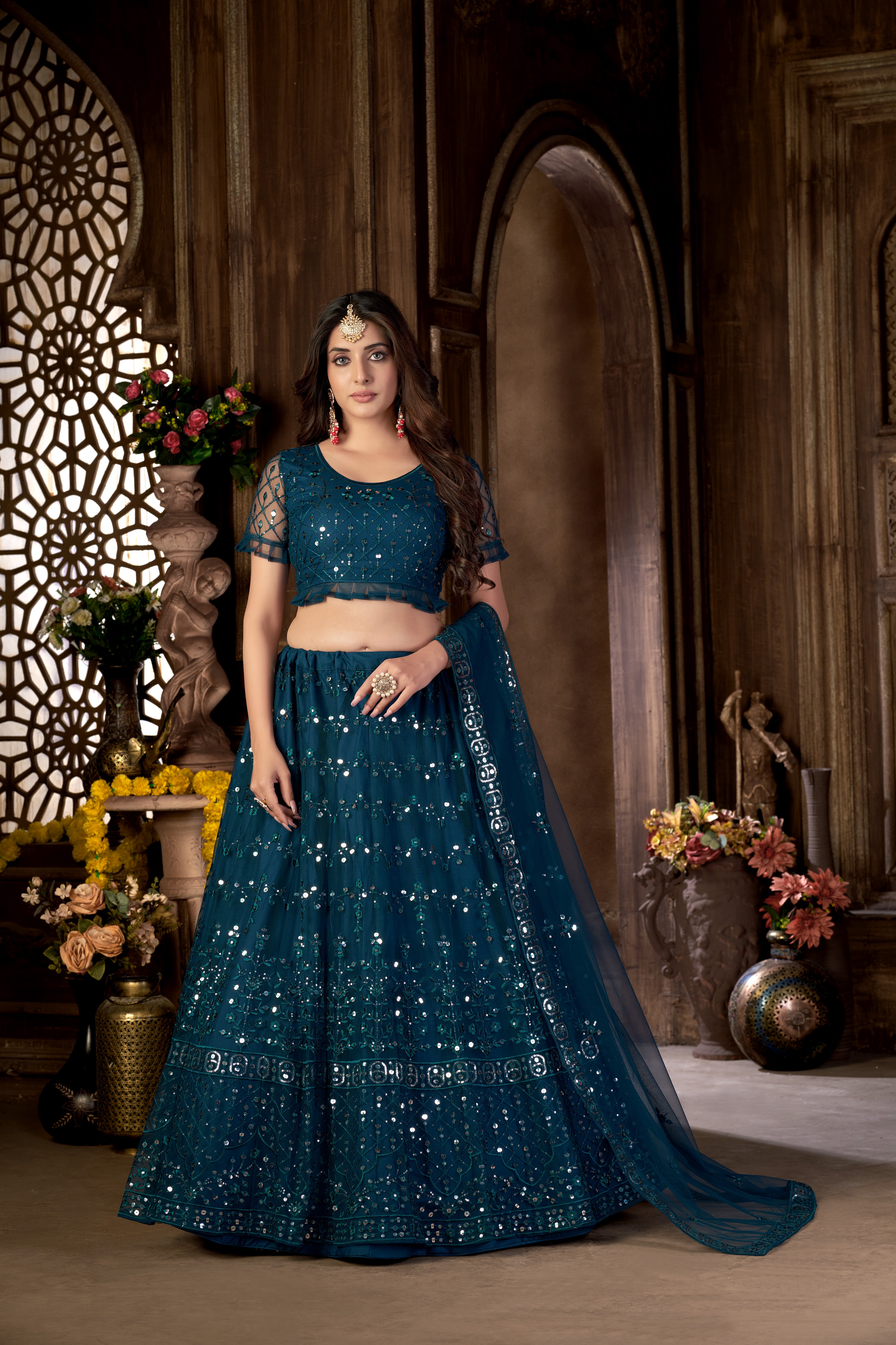 Blue Heavy Net Multi Embroidered With Foil Mirror Work Semi-Stitched Lehenga Choli