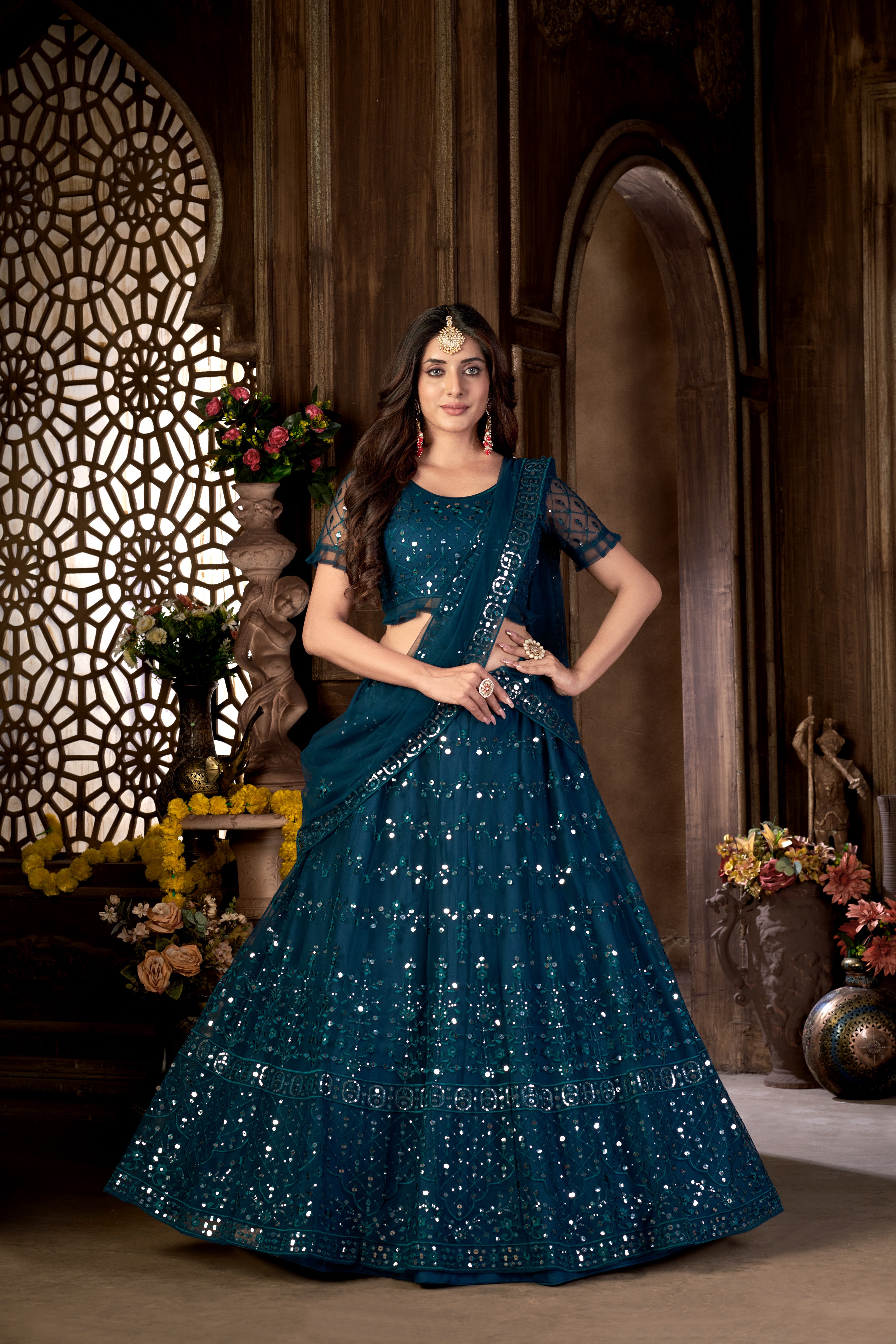Blue Heavy Net Multi Embroidered With Foil Mirror Work Semi-Stitched Lehenga Choli