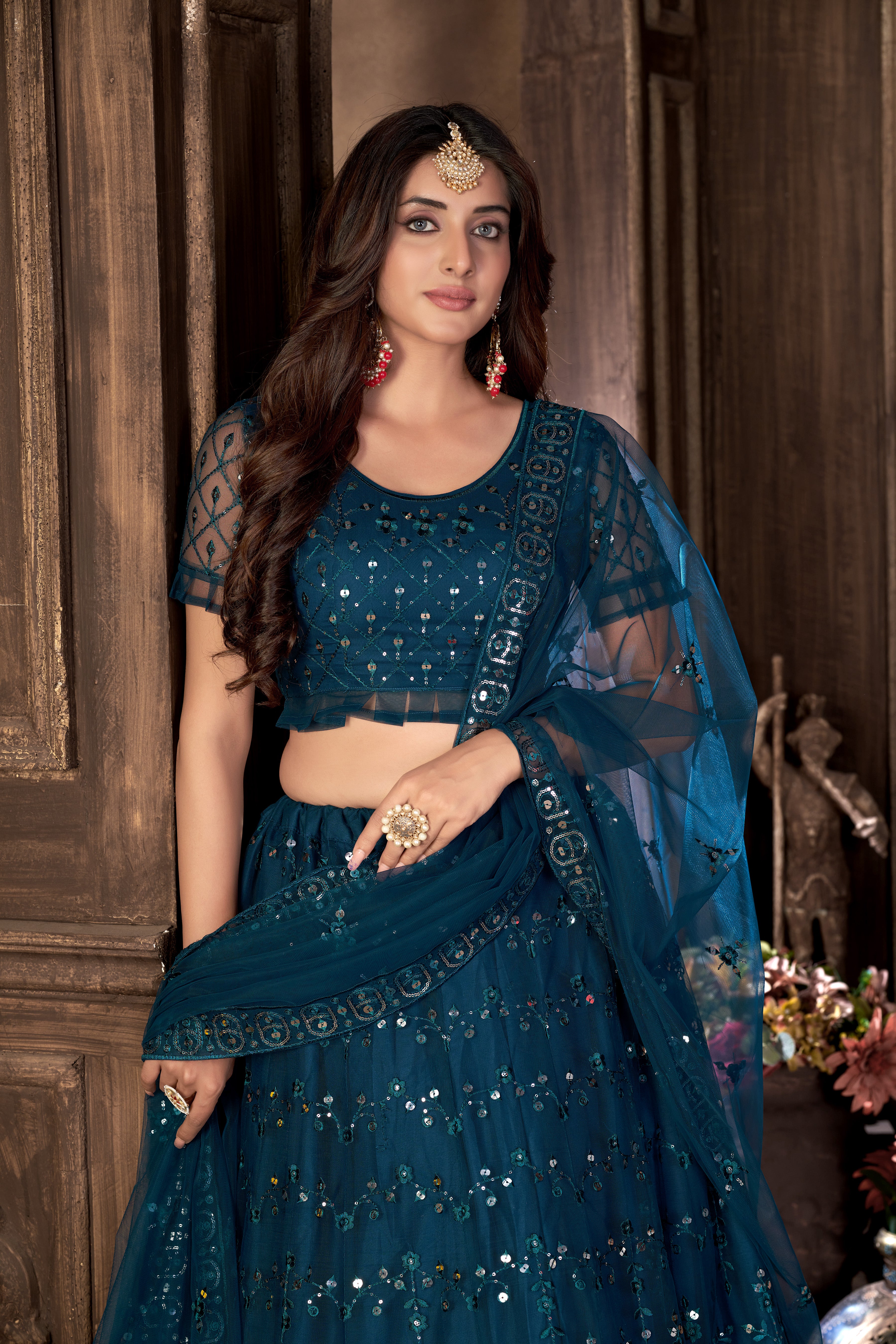 Blue Heavy Net Multi Embroidered With Foil Mirror Work Semi-Stitched Lehenga Choli