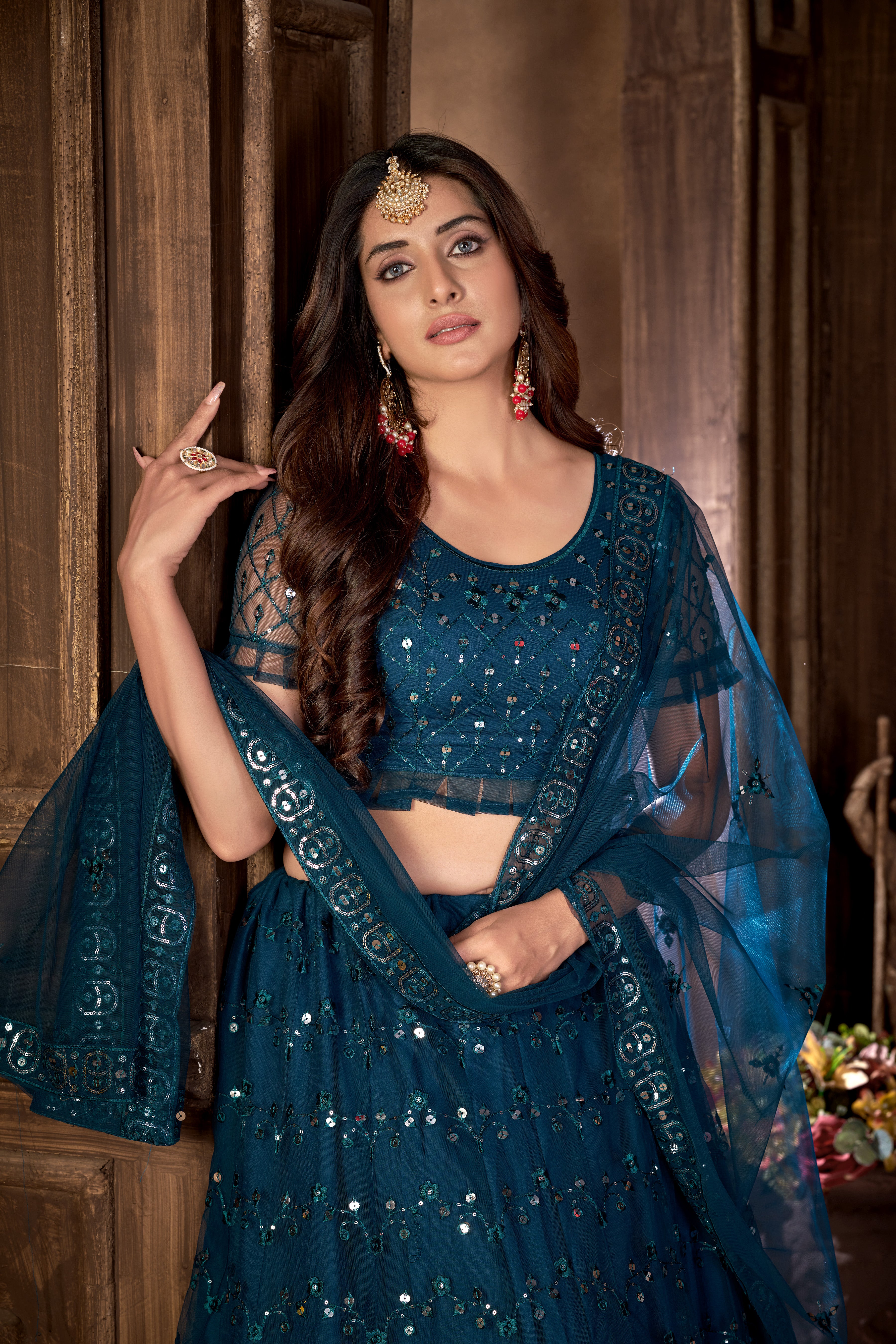 Blue Heavy Net Multi Embroidered With Foil Mirror Work Semi-Stitched Lehenga Choli