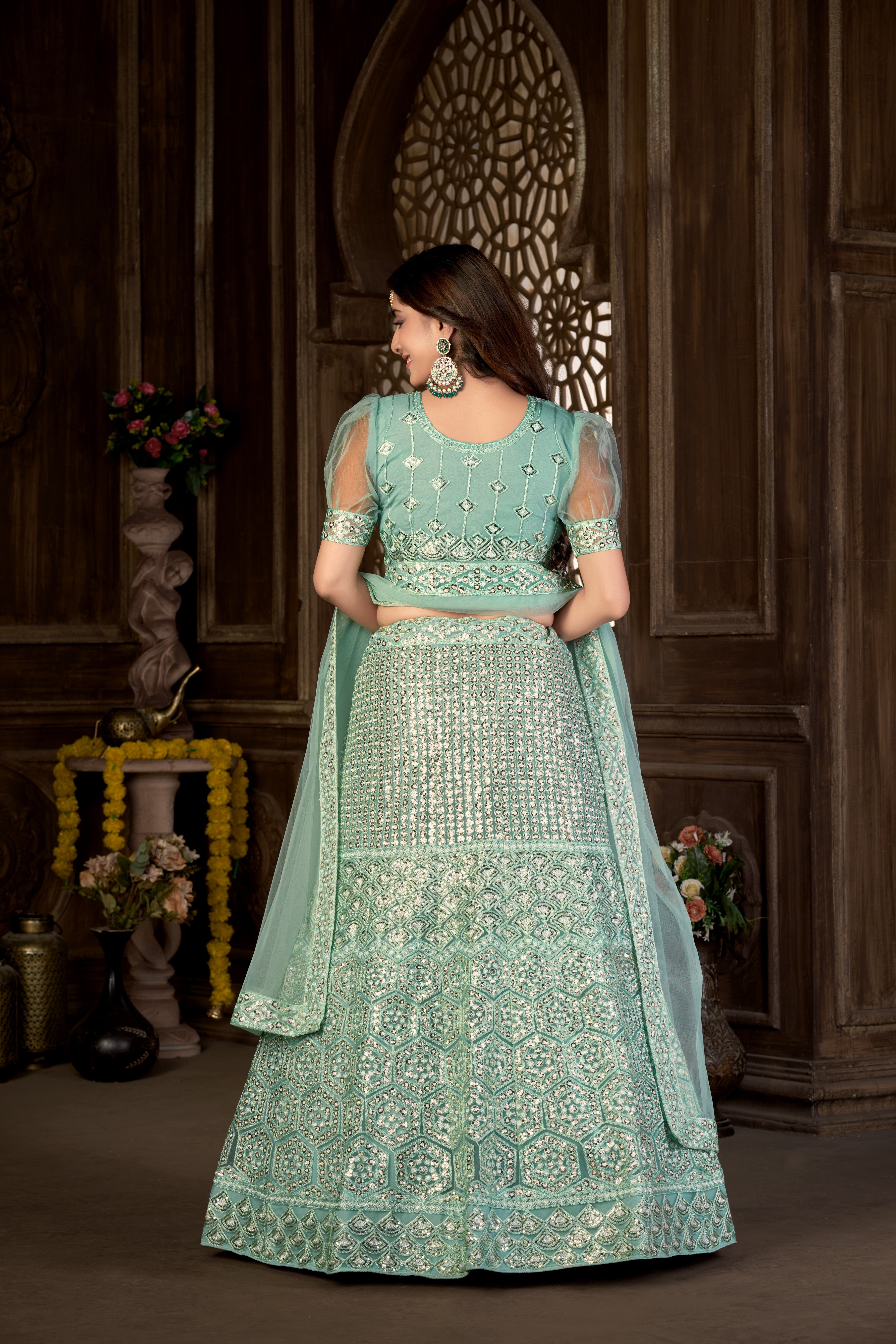Sea Green Net with Cancan Heavy Sequence Embroidered Work Semi-Stitched Lehenga Choli