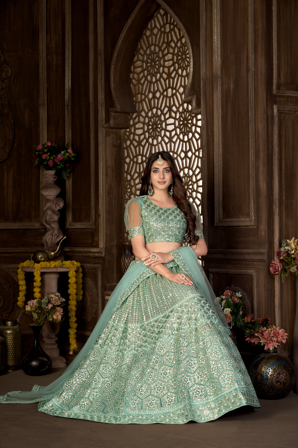 Sea Green Net with Cancan Heavy Sequence Embroidered Work Semi-Stitched Lehenga Choli