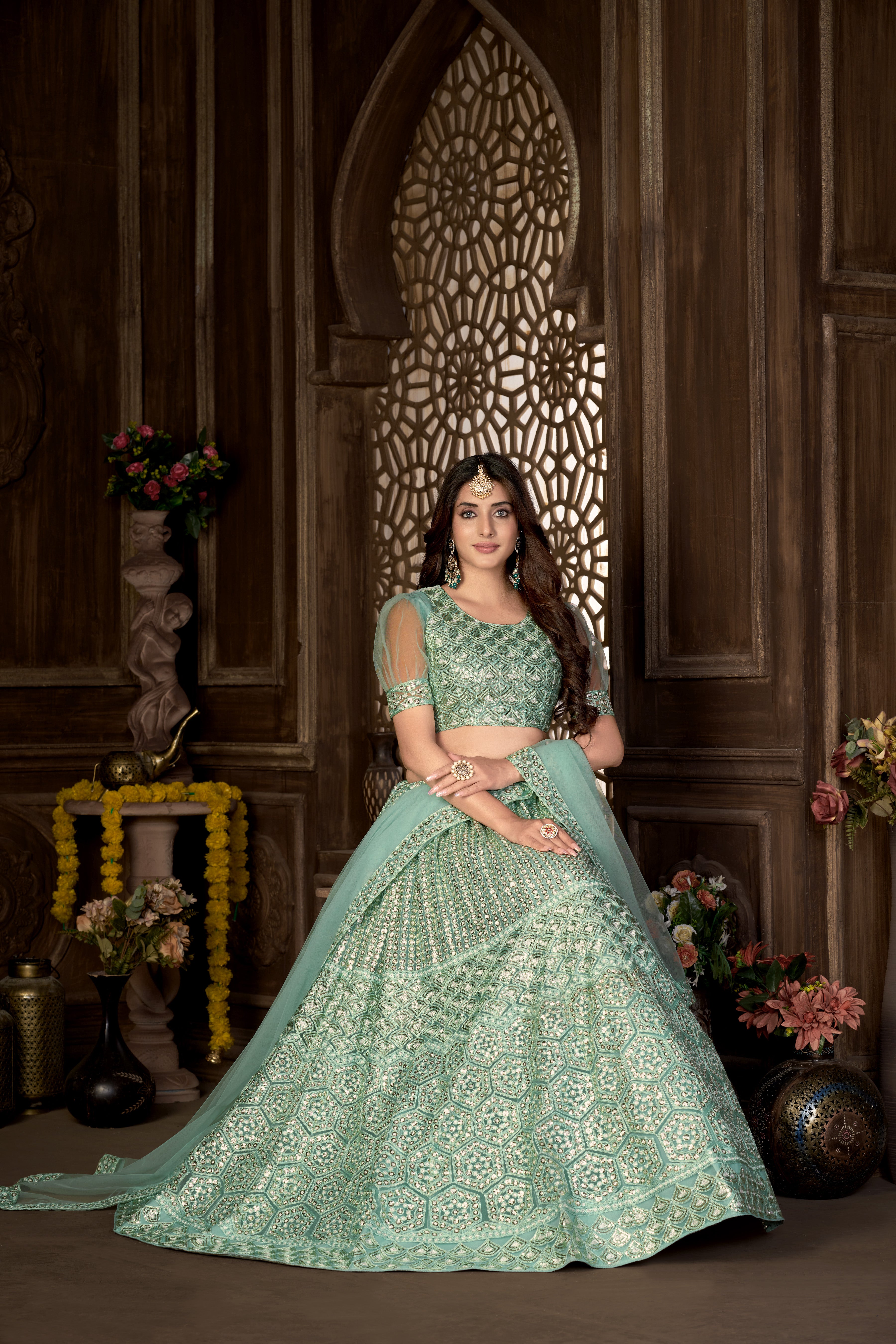 Sea Green Net with Cancan Heavy Sequence Embroidered Work Semi-Stitched Lehenga Choli