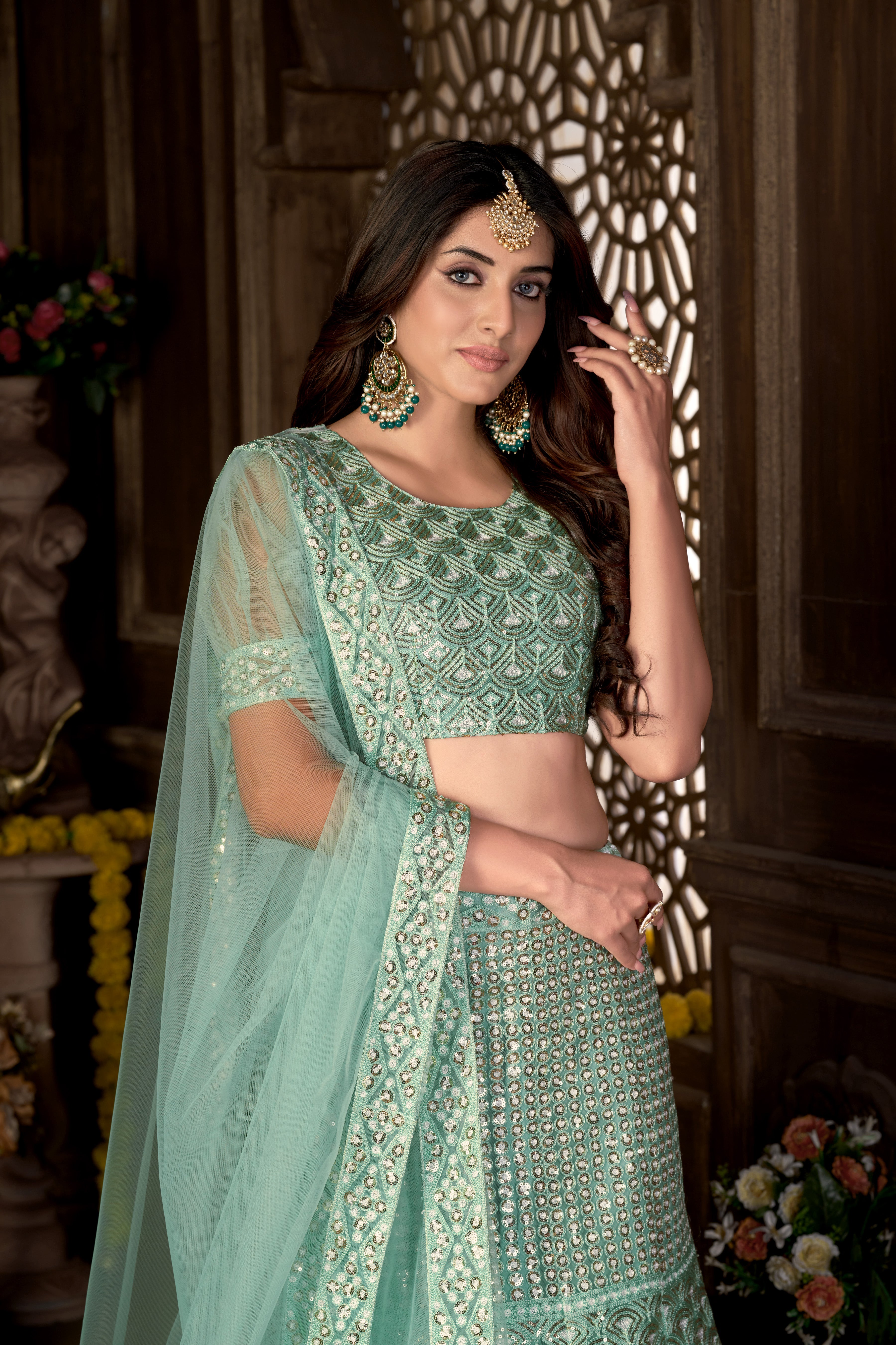 Sea Green Net with Cancan Heavy Sequence Embroidered Work Semi-Stitched Lehenga Choli