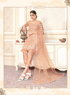 Peach Women Net Heavy Embroidery Work Semi Stitch Dress Material.