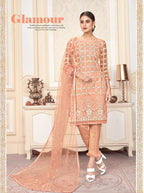 Peach Women Net Heavy Embroidery Work Semi Stitch Dress Material.