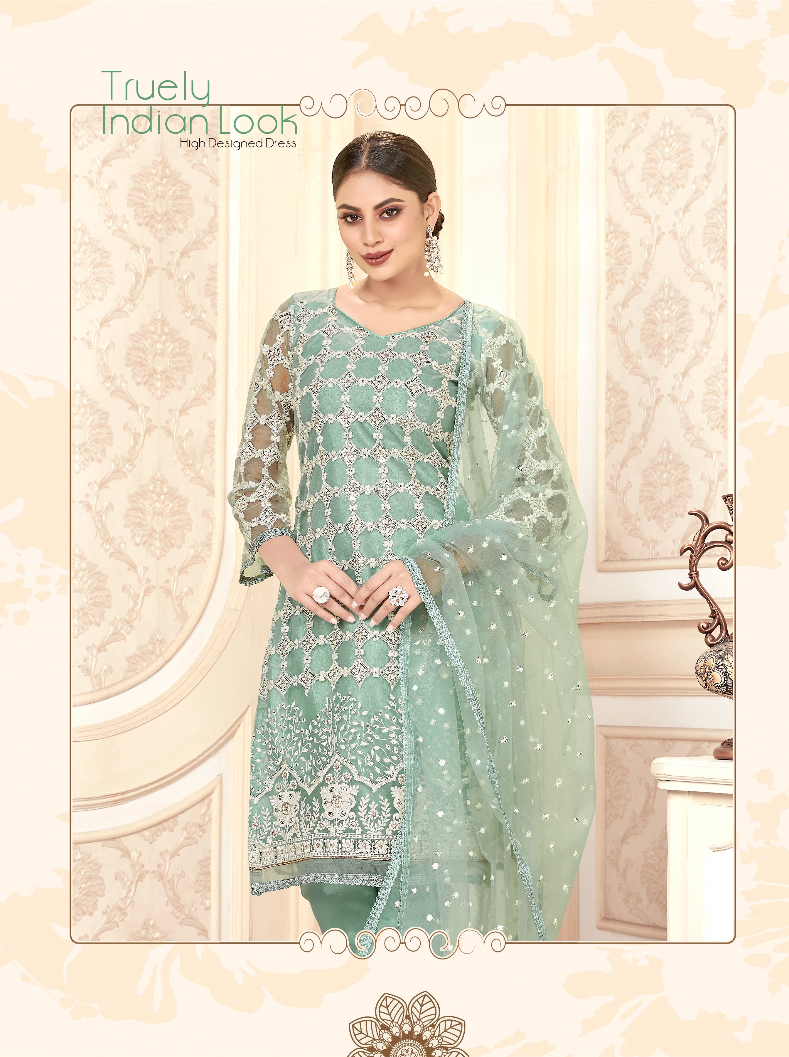 Pista Women Net Heavy Embroidery Work Semi Stitch Dress Material