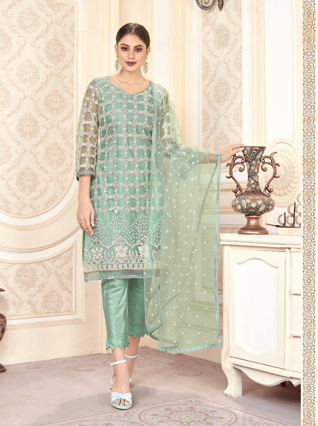 Pista Women Net Heavy Embroidery Work Semi Stitch Dress Material