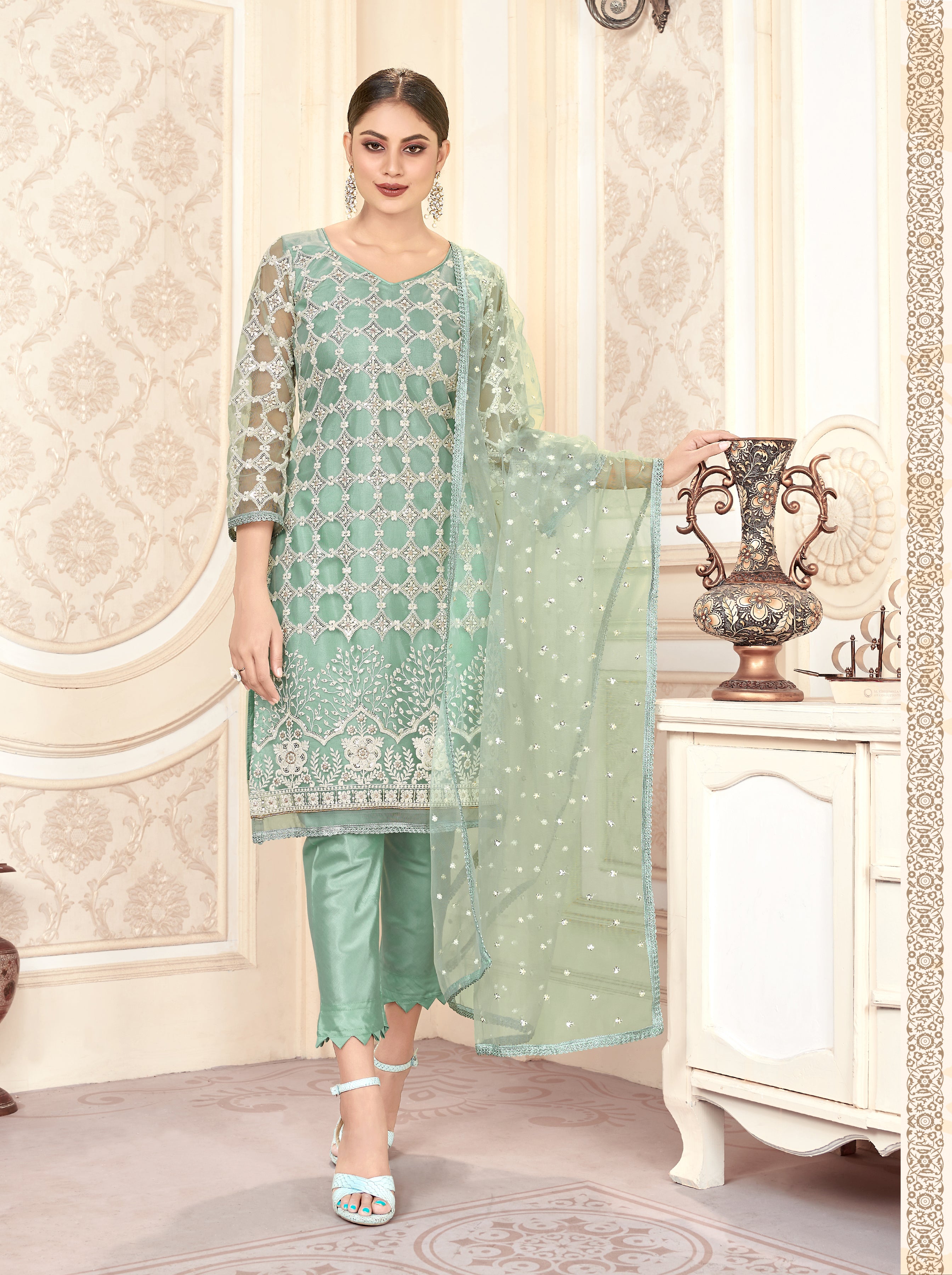 Pista Women Net Heavy Embroidery Work Semi Stitch Dress Material
