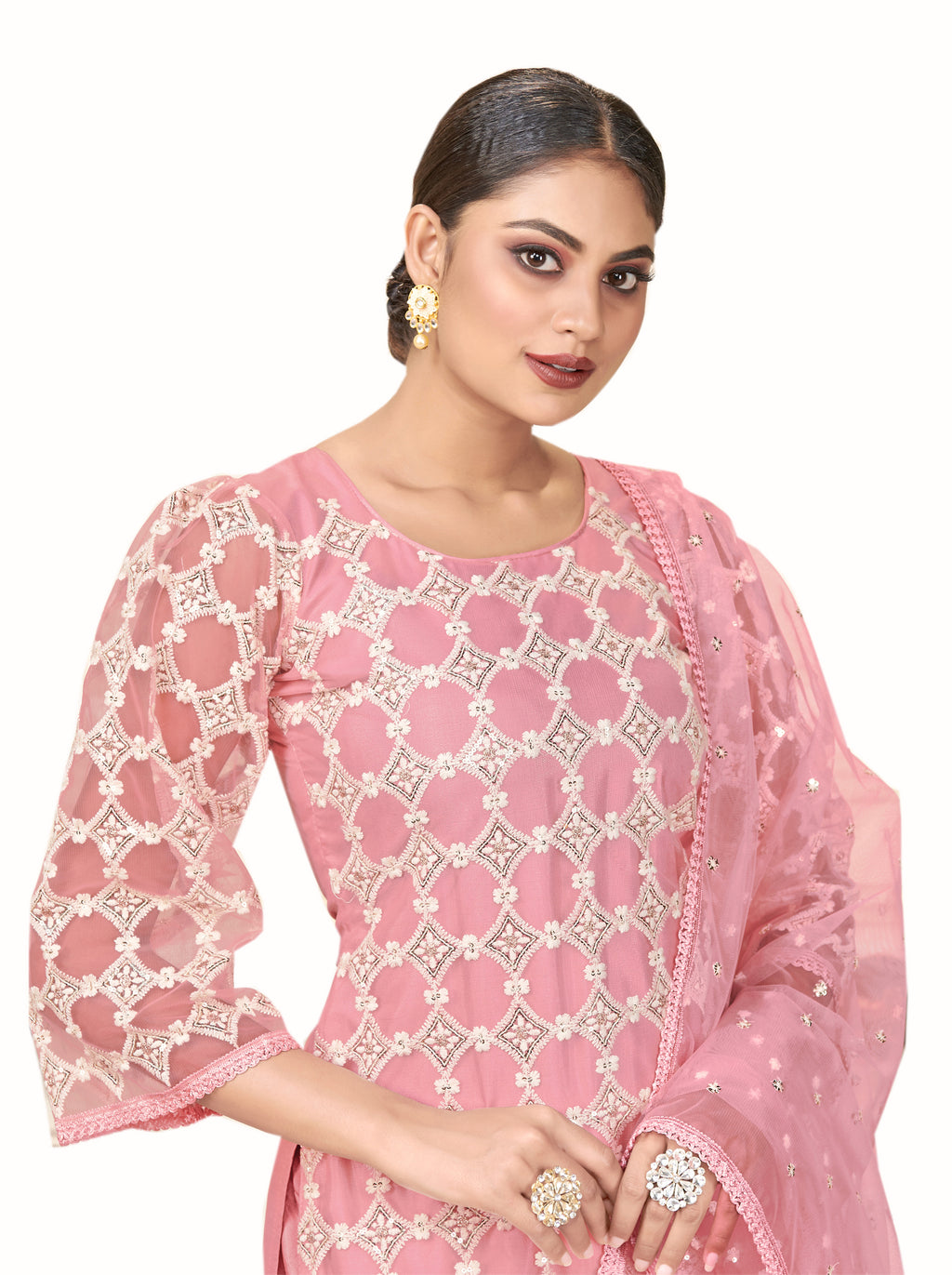 Pink Women Net Heavy Embroidery Work Semi Stitch Dress Material.