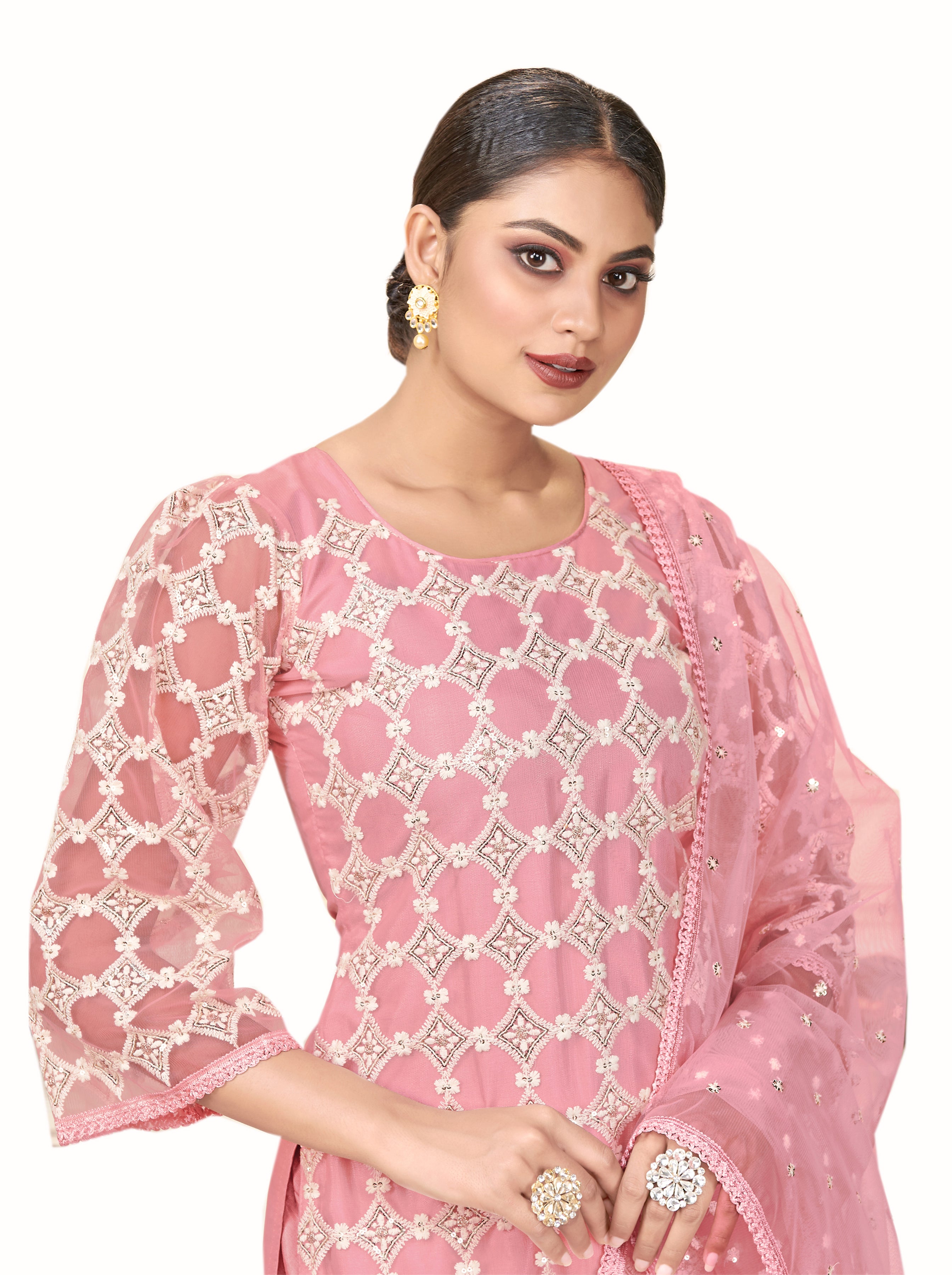 Pink Women Net Heavy Embroidery Work Semi Stitch Dress Material.