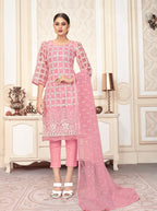 Pink Women Net Heavy Embroidery Work Semi Stitch Dress Material.