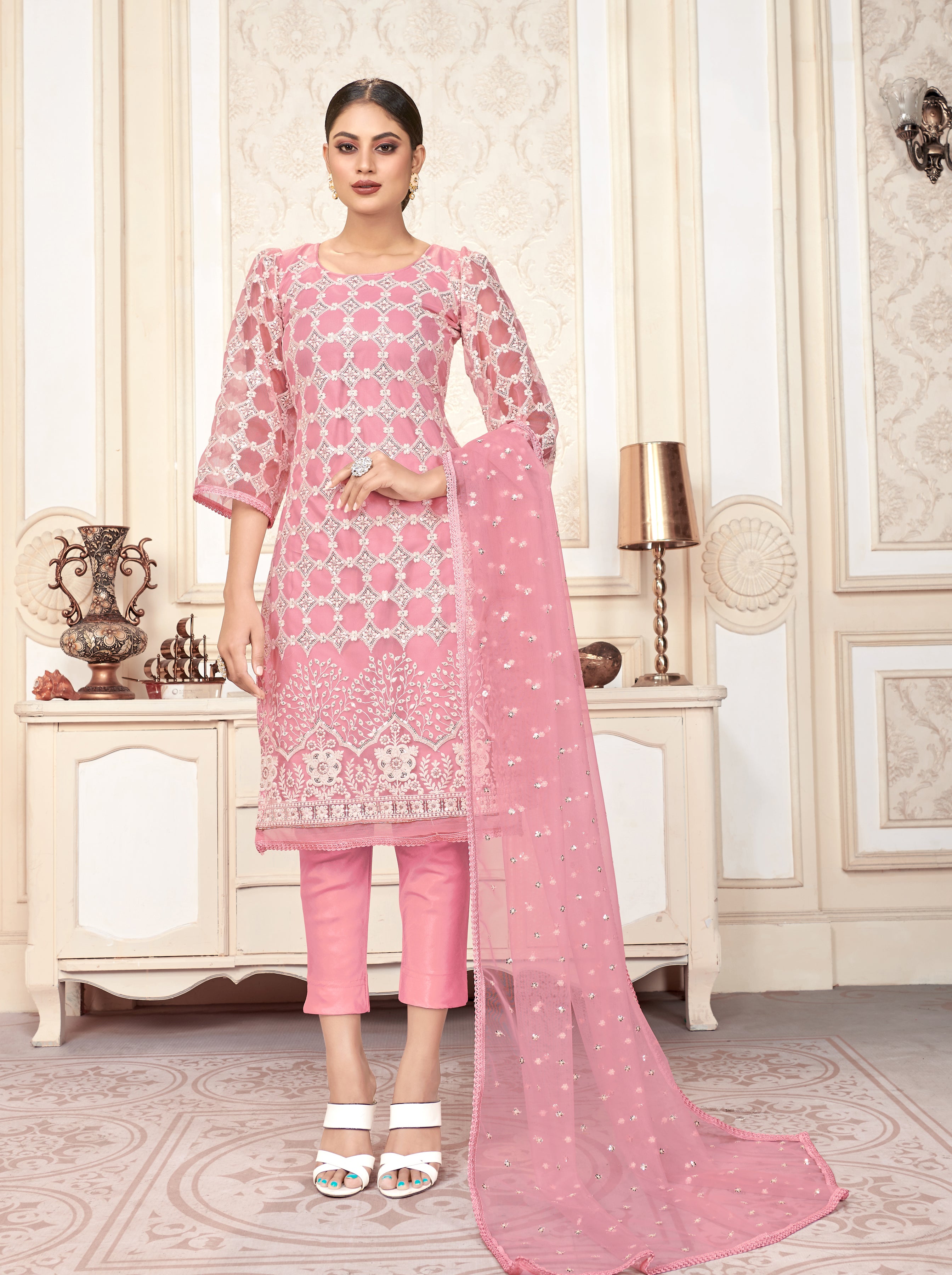 Pink Women Net Heavy Embroidery Work Semi Stitch Dress Material.