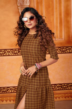 Women's Mustard Cotton Chex Party Wear Kurti.