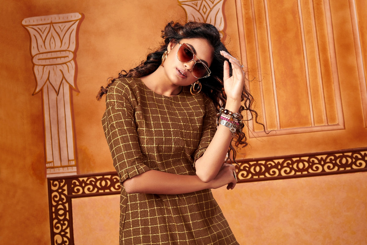 Women's Mustard Cotton Chex Party Wear Kurti.