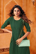 Green Women's Cotton Chex Party Wear Kurti.