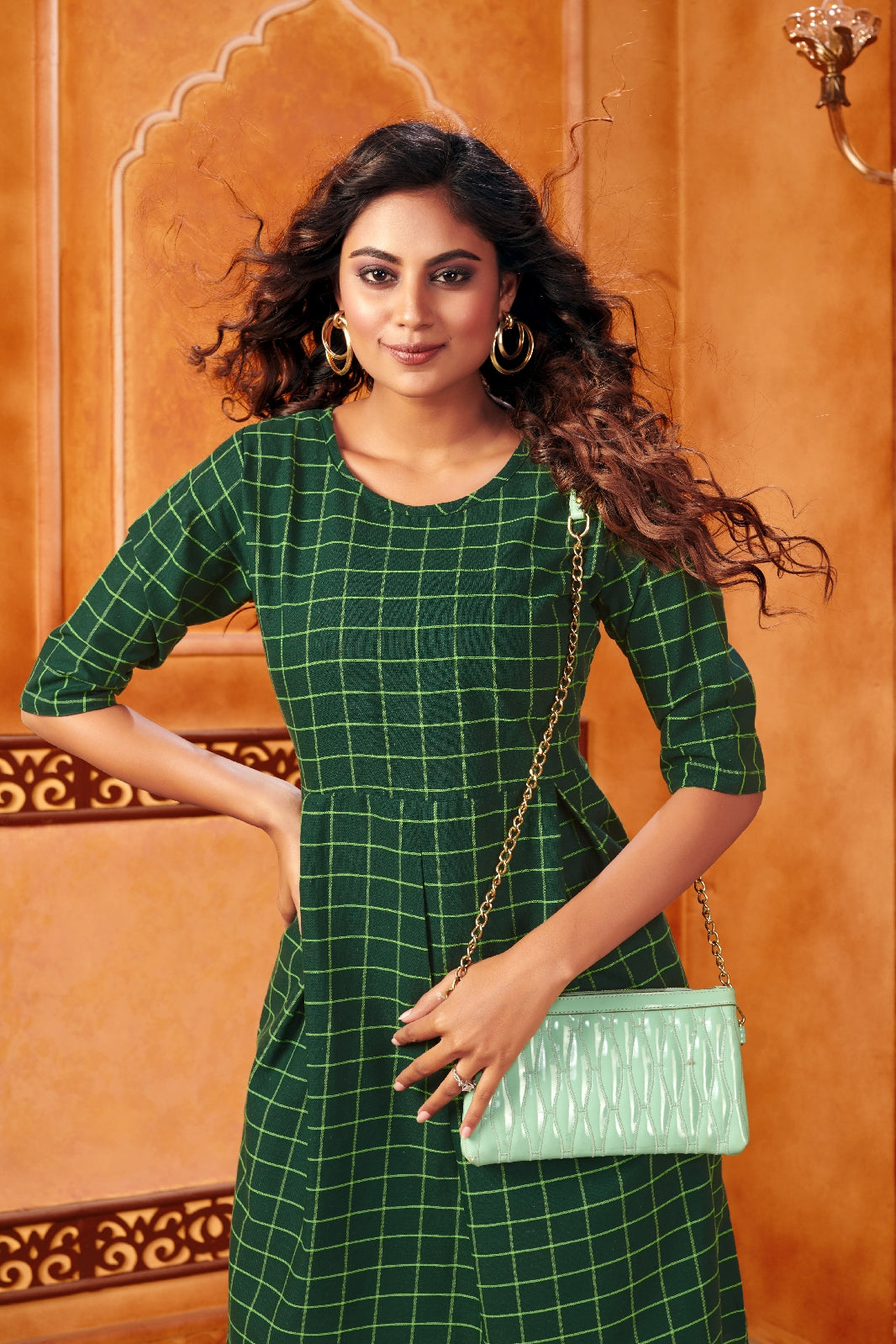 Green Women's Cotton Chex Party Wear Kurti.