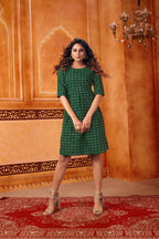 Green Women's Cotton Chex Party Wear Kurti.