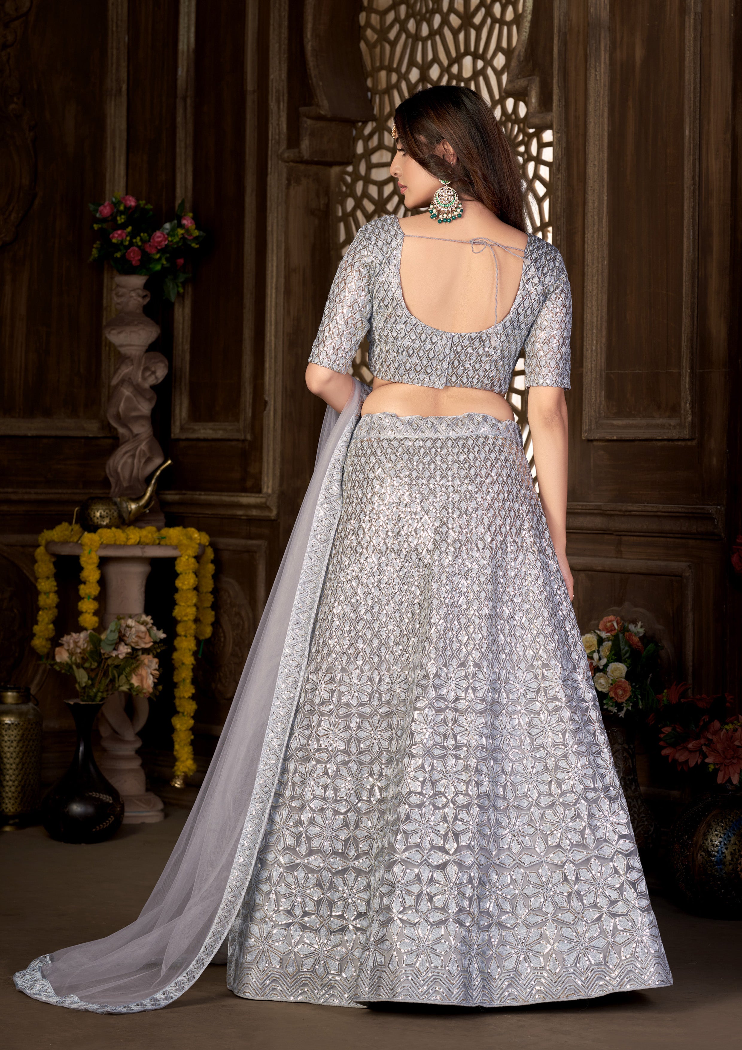 Grey Heavy Net With Sequence Embroidered Work Semi Stitch Lehenga Choli
