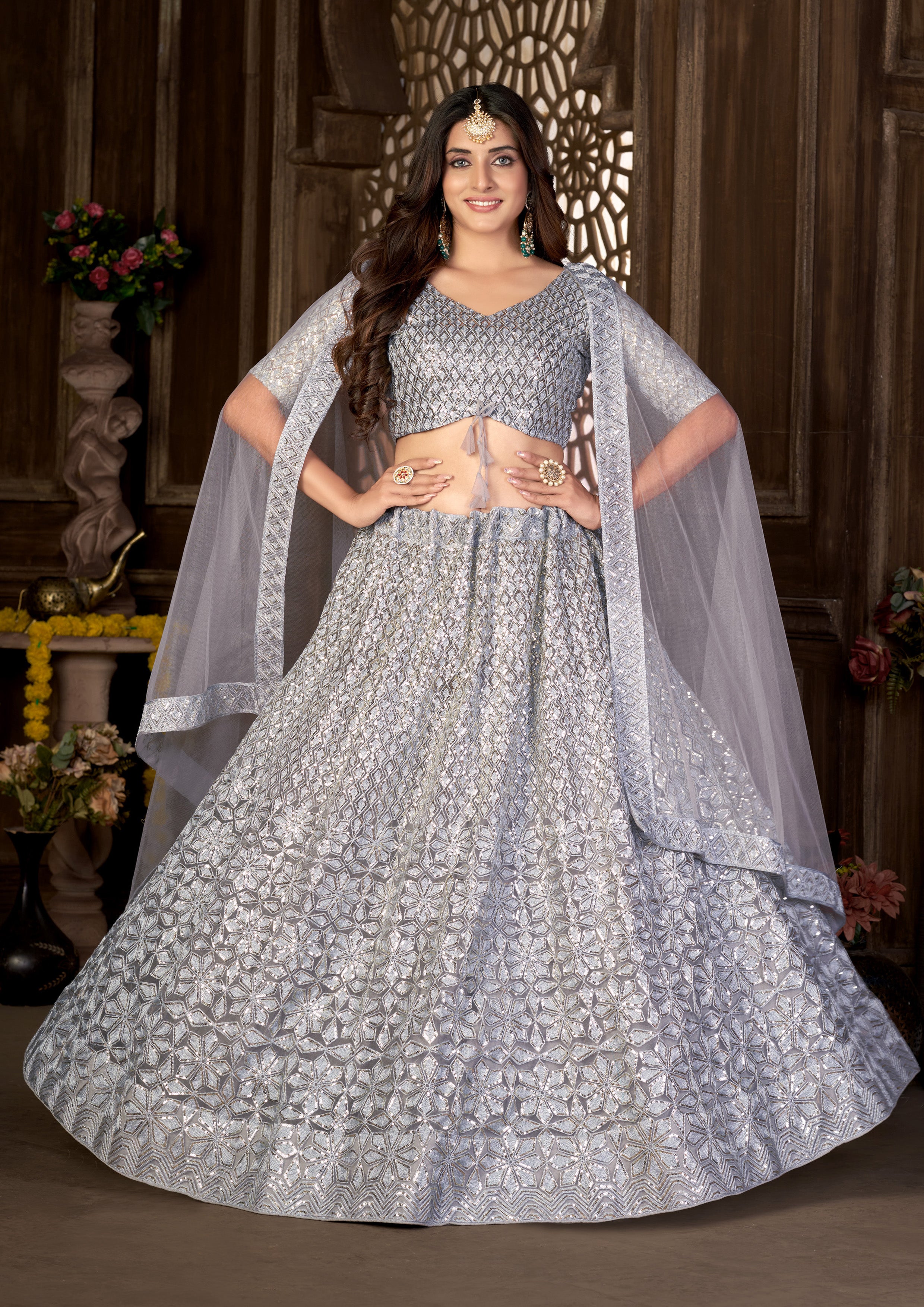 Grey Heavy Net With Sequence Embroidered Work Semi Stitch Lehenga Choli