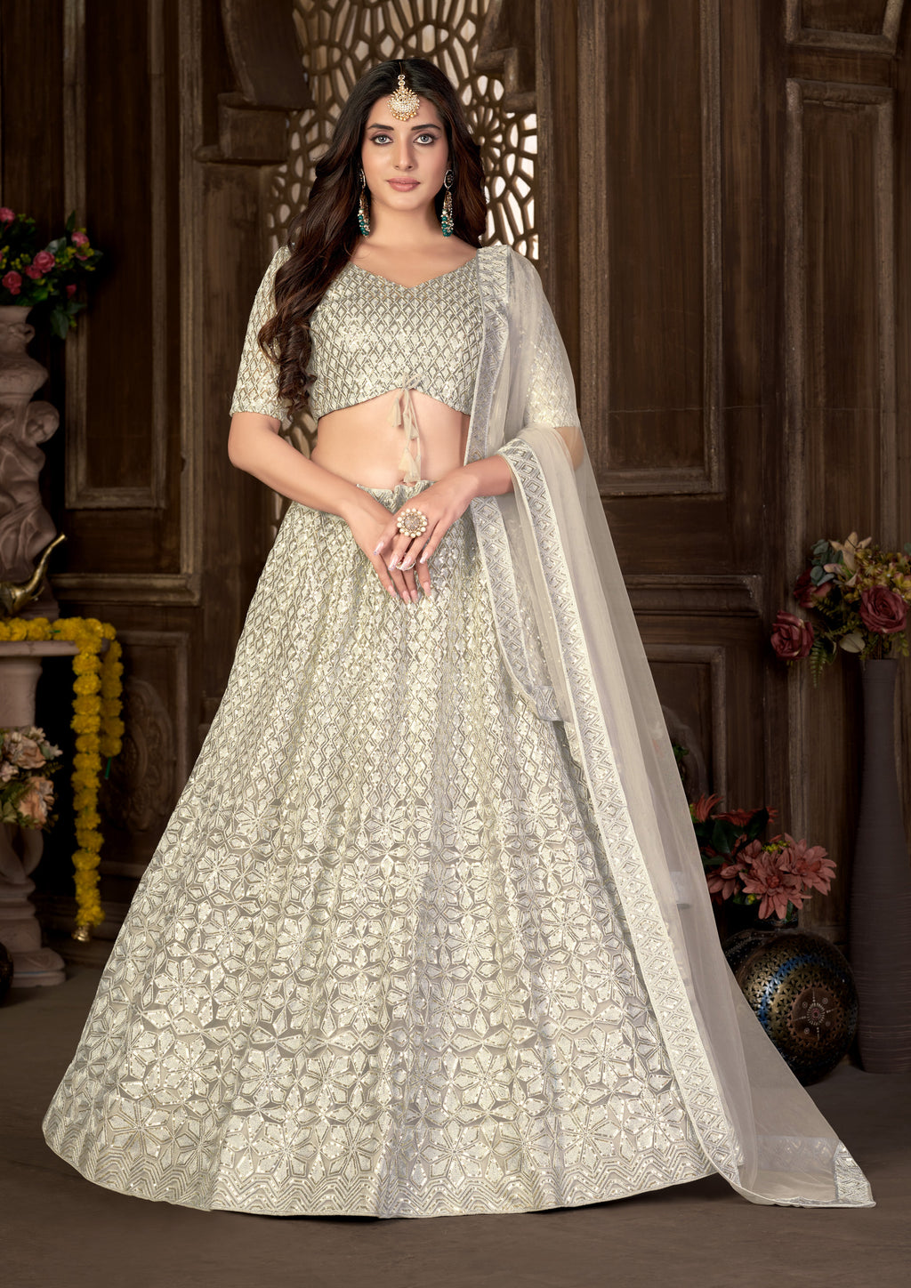 Off White Heavy Net With Sequence Embroidered Work Semi Stitch Lehenga Choli