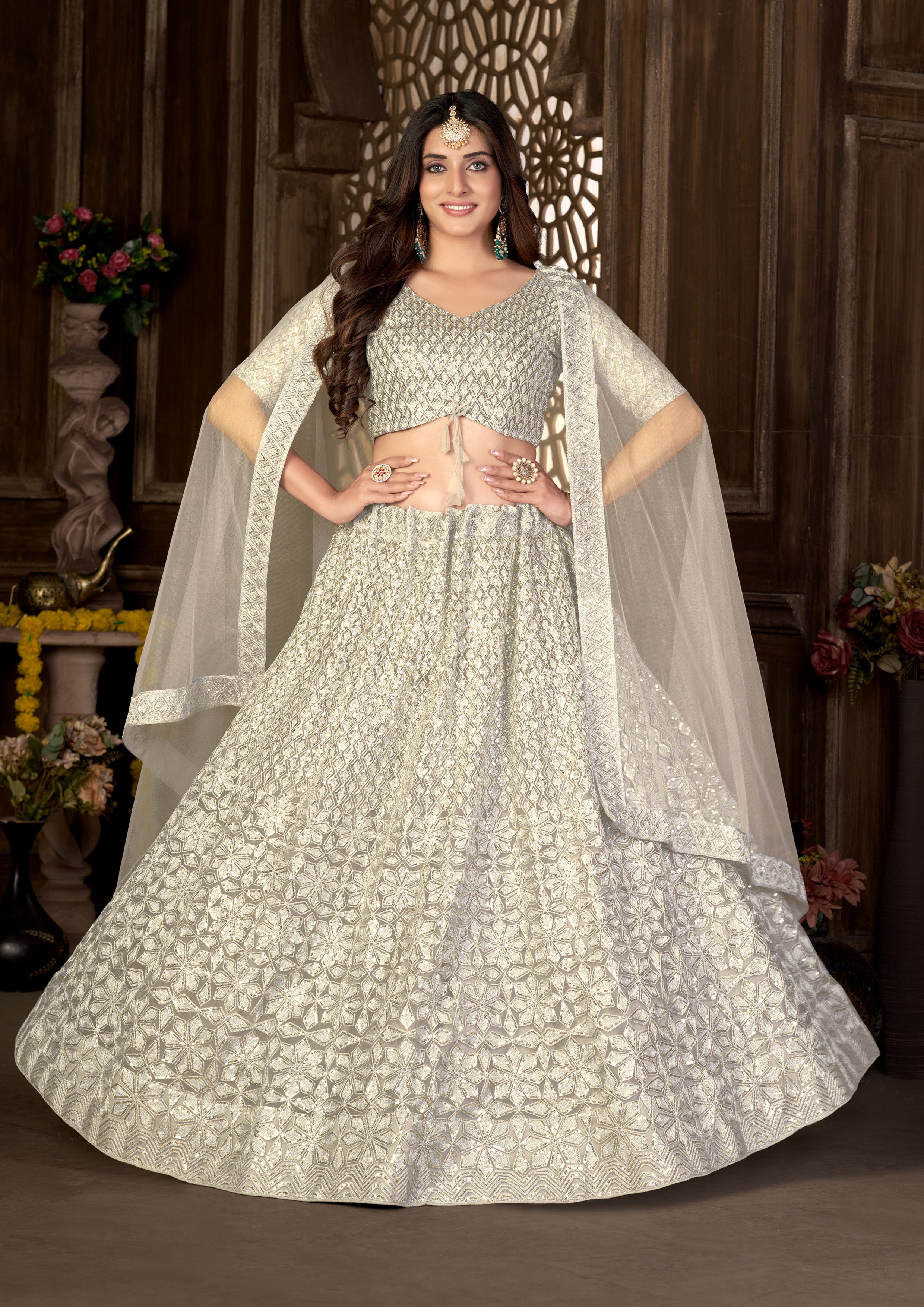 Off White Heavy Net With Sequence Embroidered Work Semi Stitch Lehenga Choli