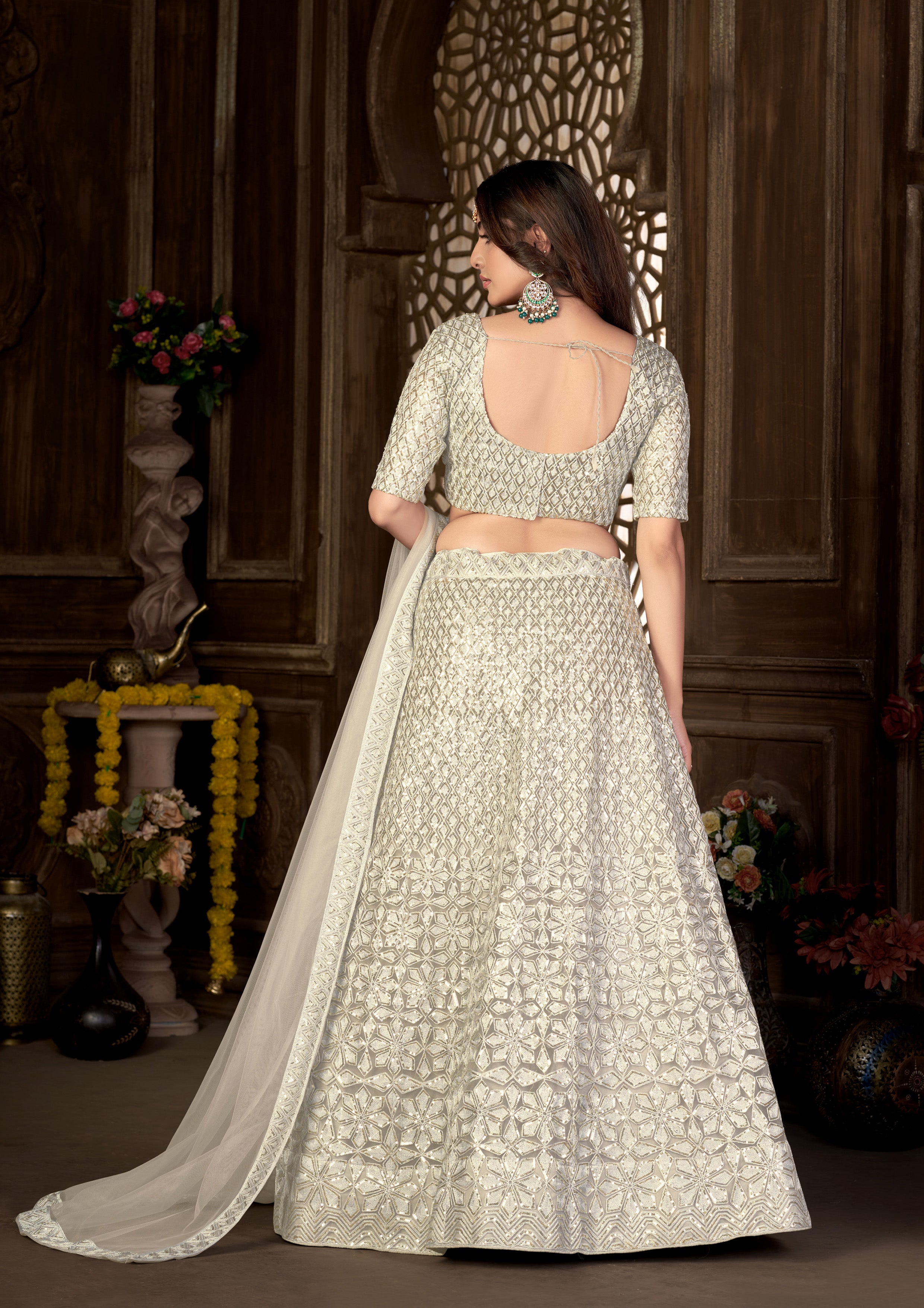 Off White Heavy Net With Sequence Embroidered Work Semi Stitch Lehenga Choli
