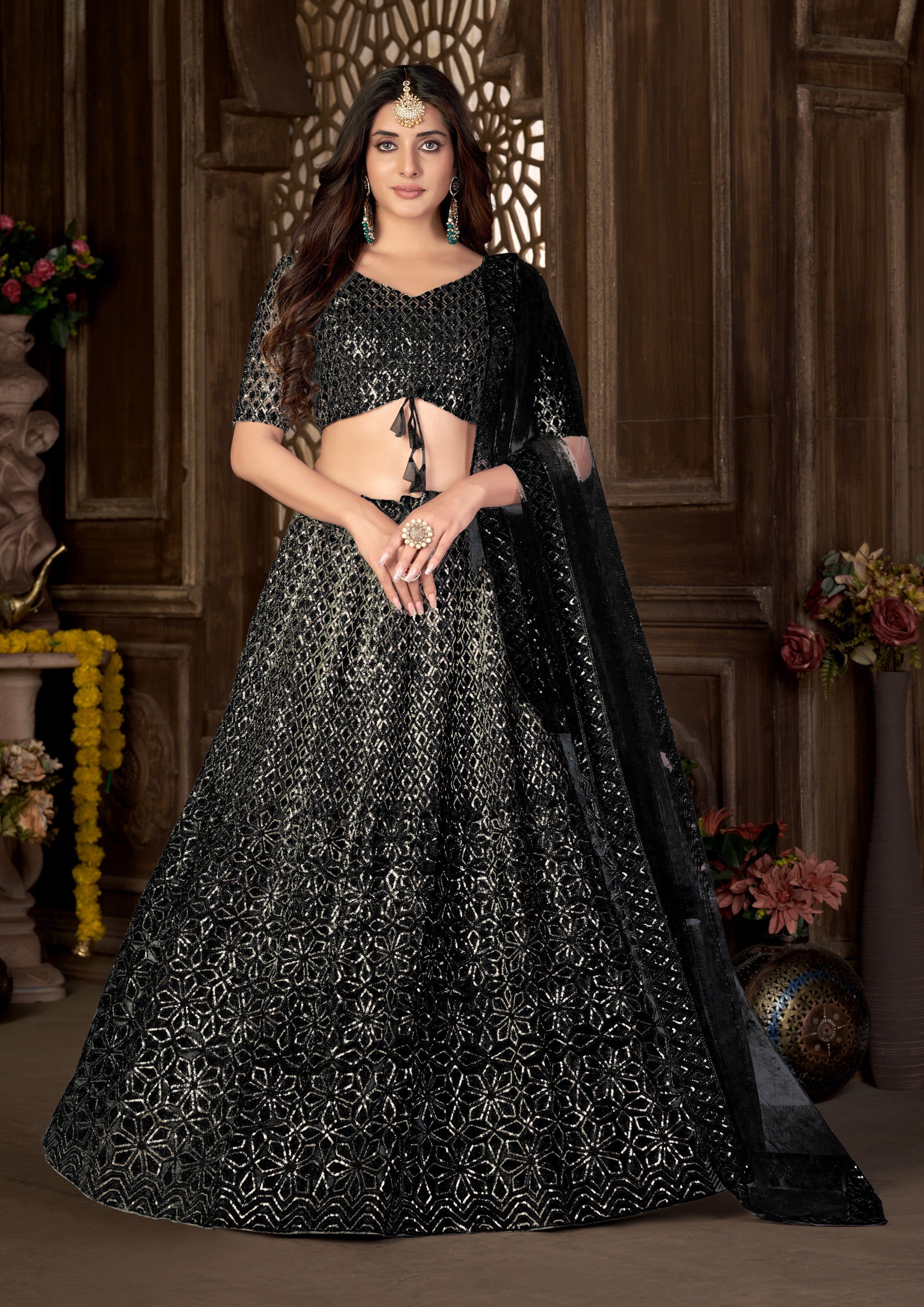 Black Heavy Net With Sequence Embroidered Work Semi Stitch Lehenga Choli