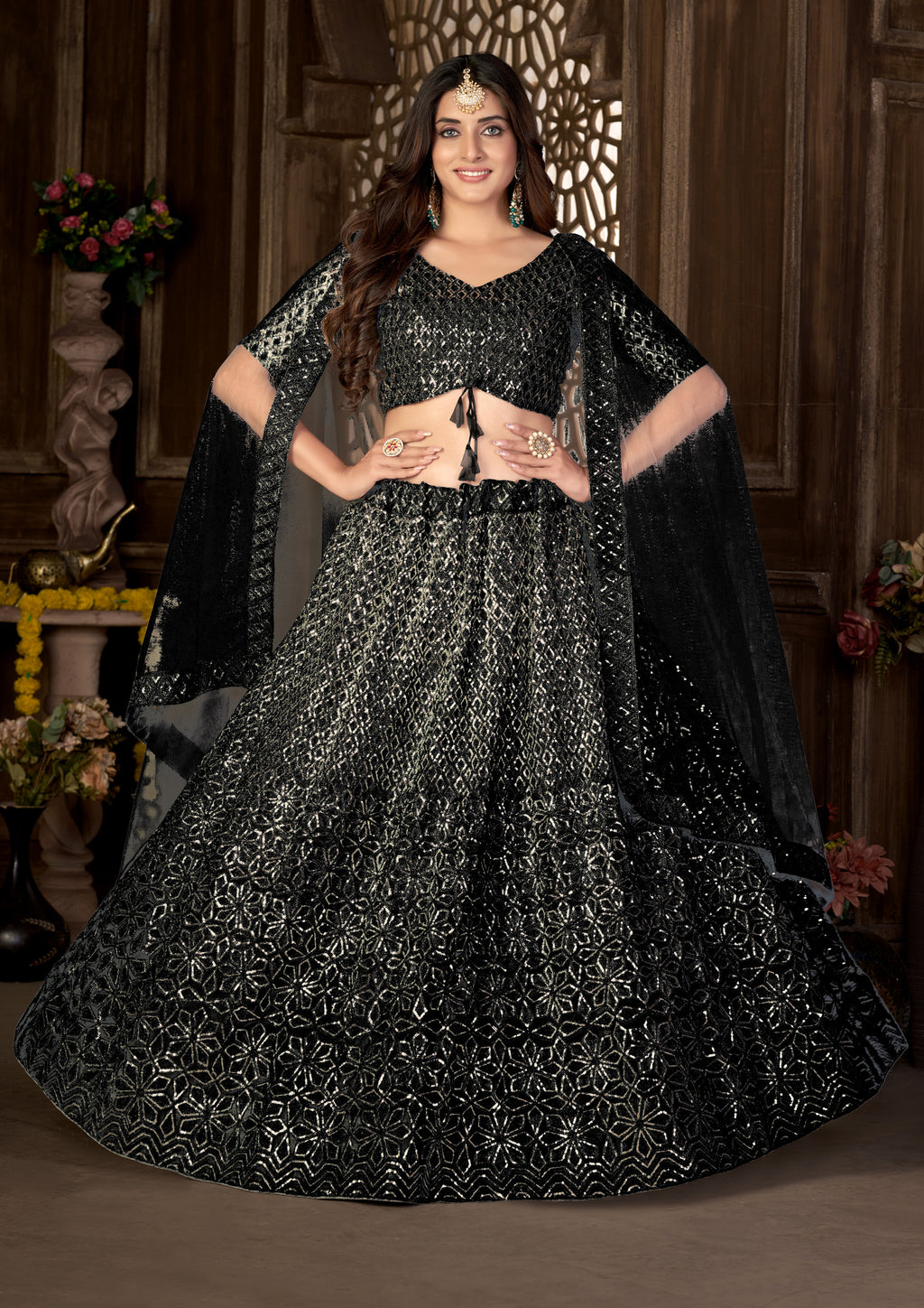 Black Heavy Net With Sequence Embroidered Work Semi Stitch Lehenga Choli