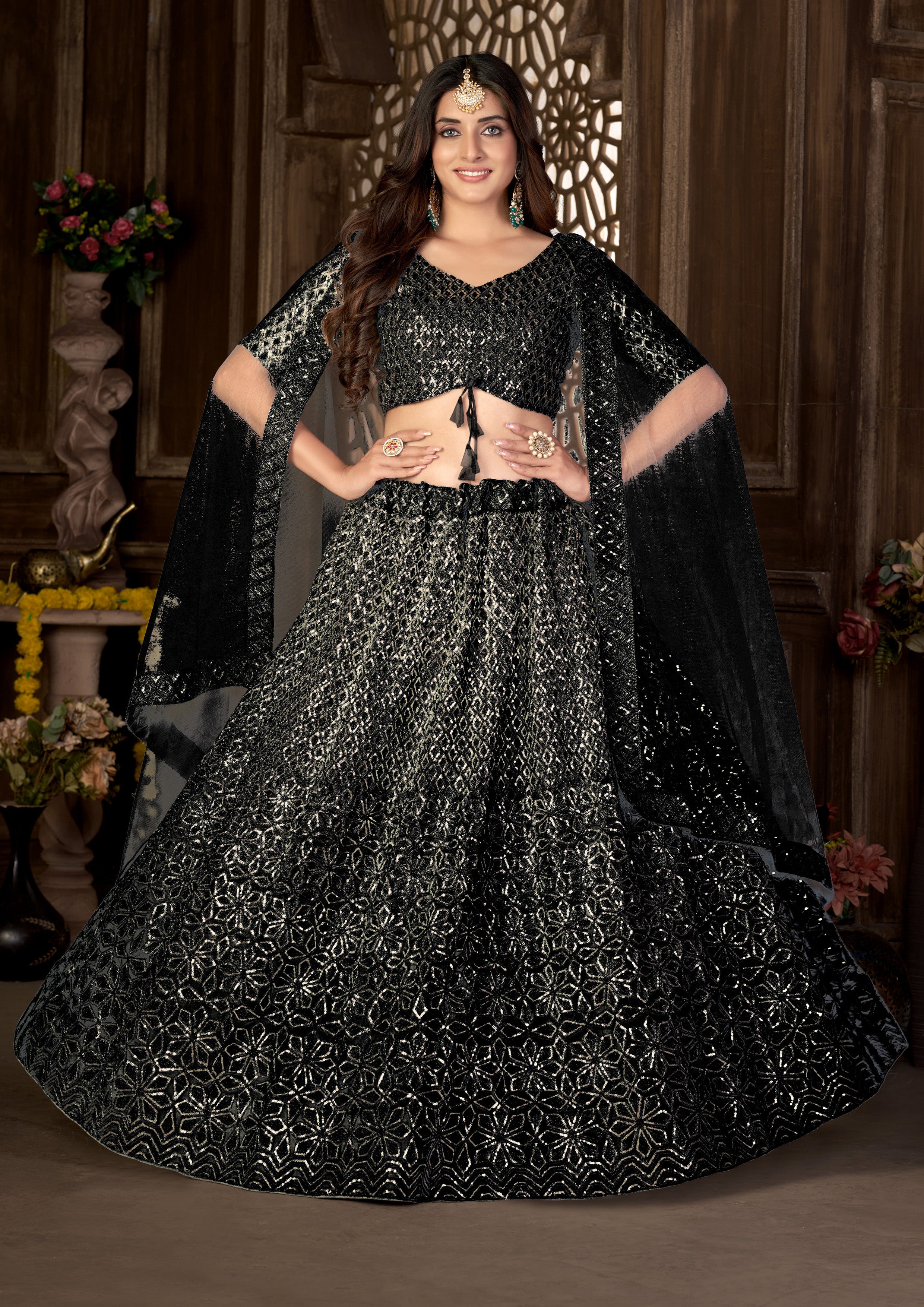 Black Heavy Net With Sequence Embroidered Work Semi Stitch Lehenga Choli
