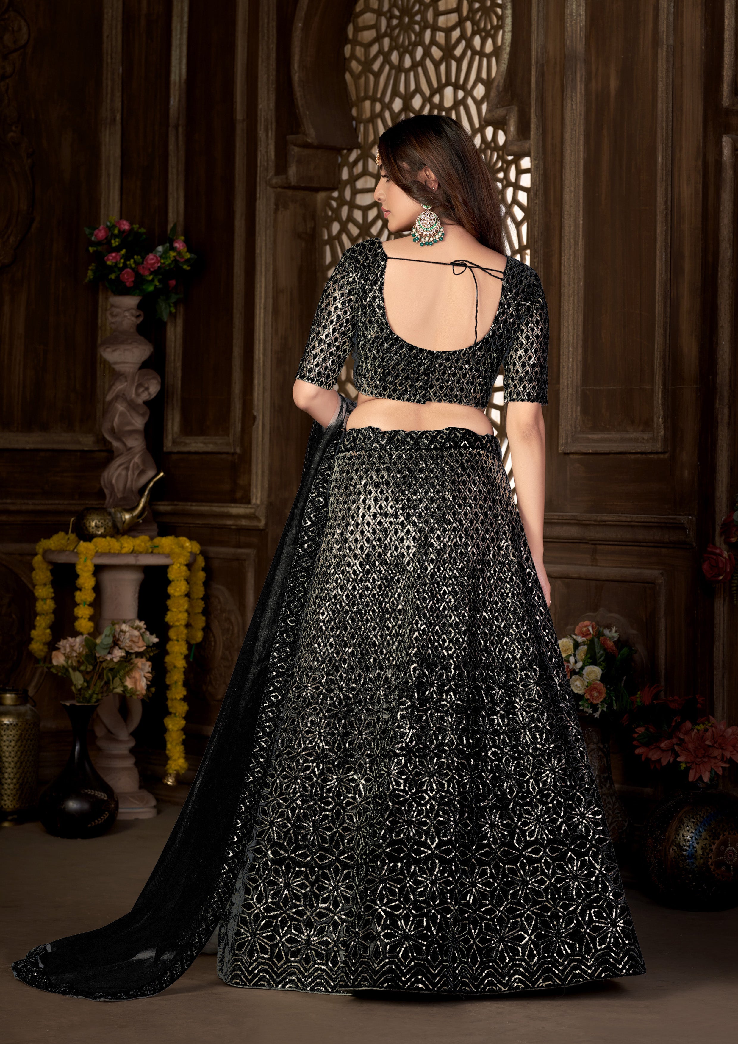 Black Heavy Net With Sequence Embroidered Work Semi Stitch Lehenga Choli