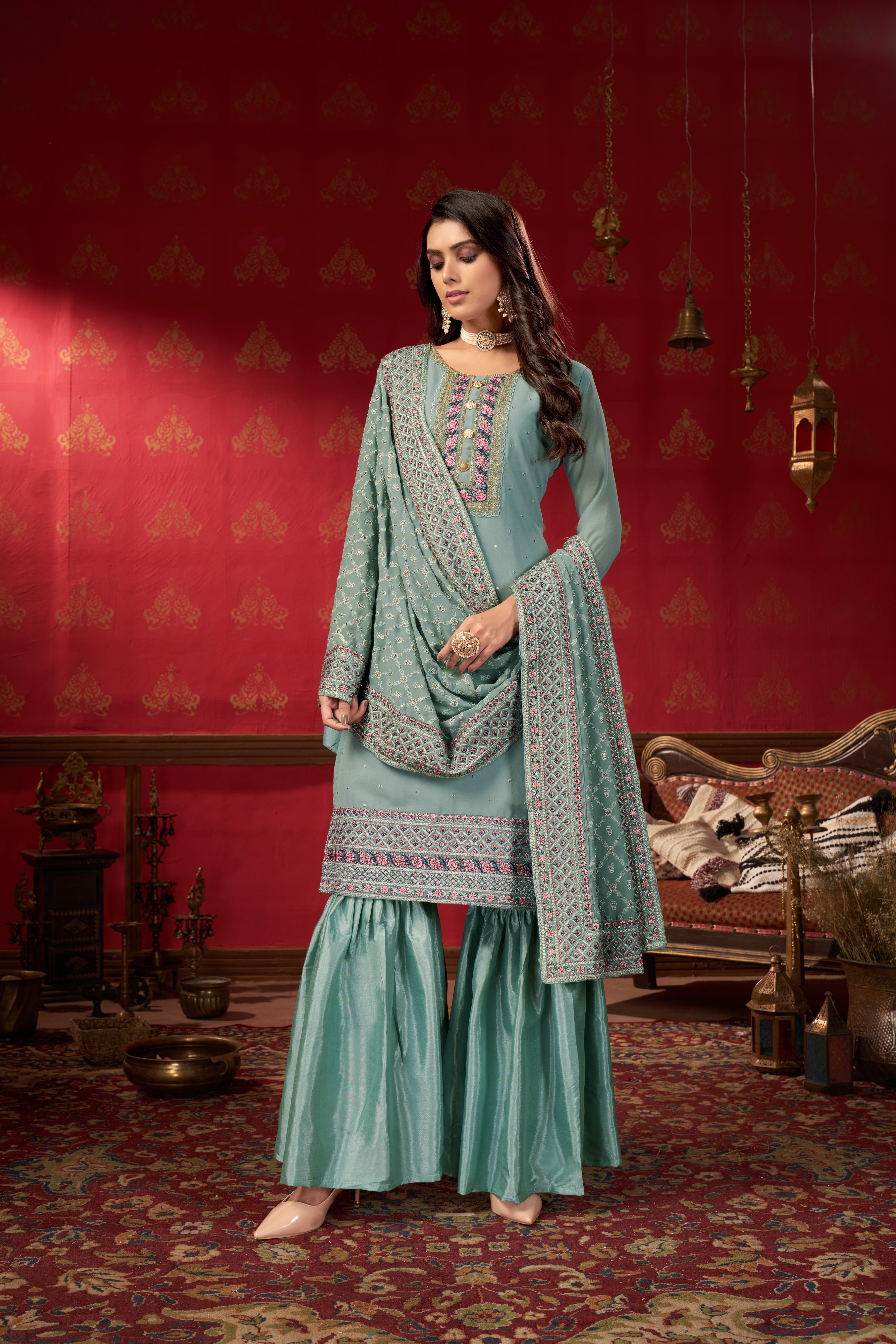 Women Georgette Heavy Embroidery Work Semi Stitch Dress Material.