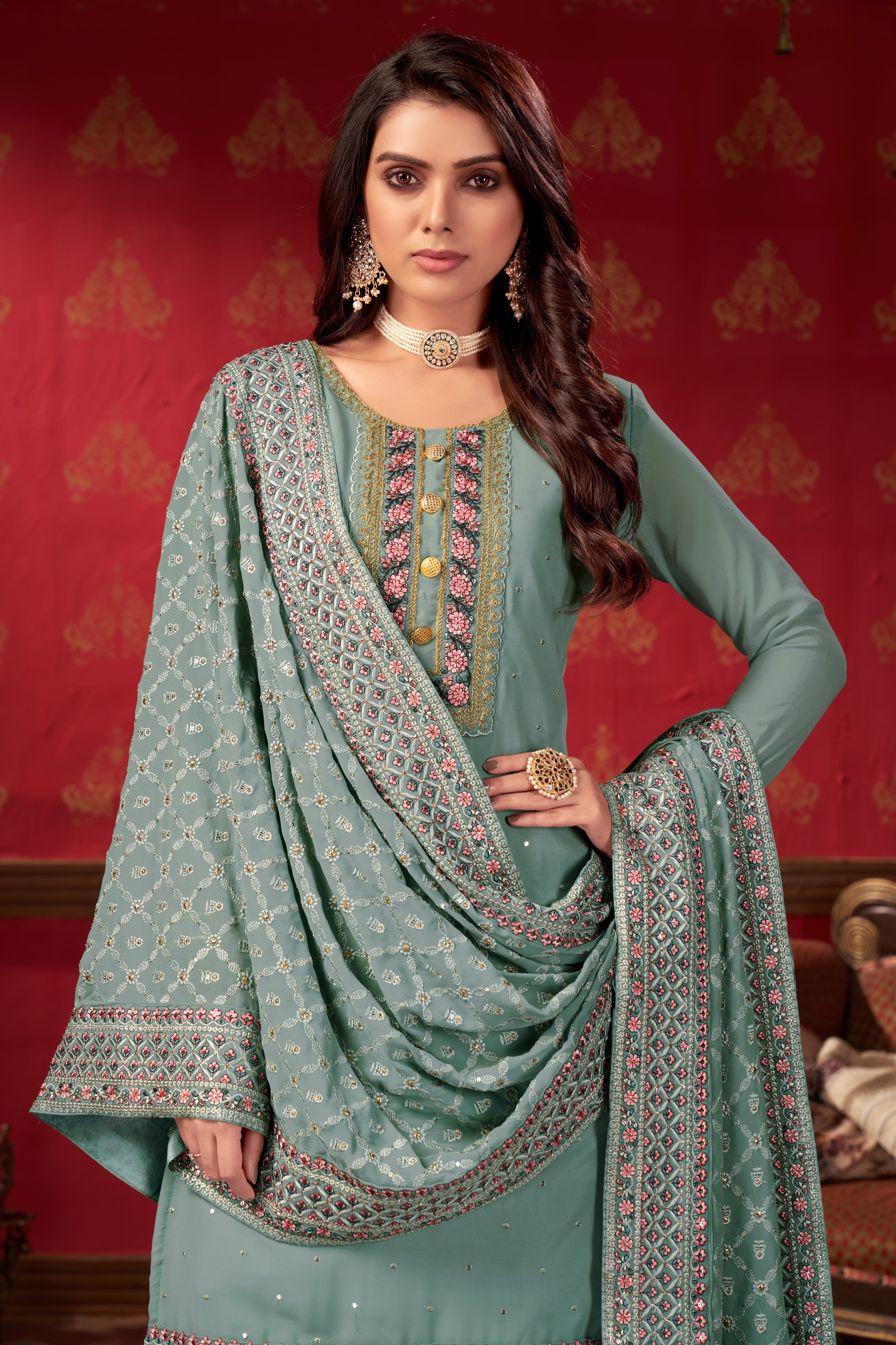 Women Georgette Heavy Embroidery Work Semi Stitch Dress Material.