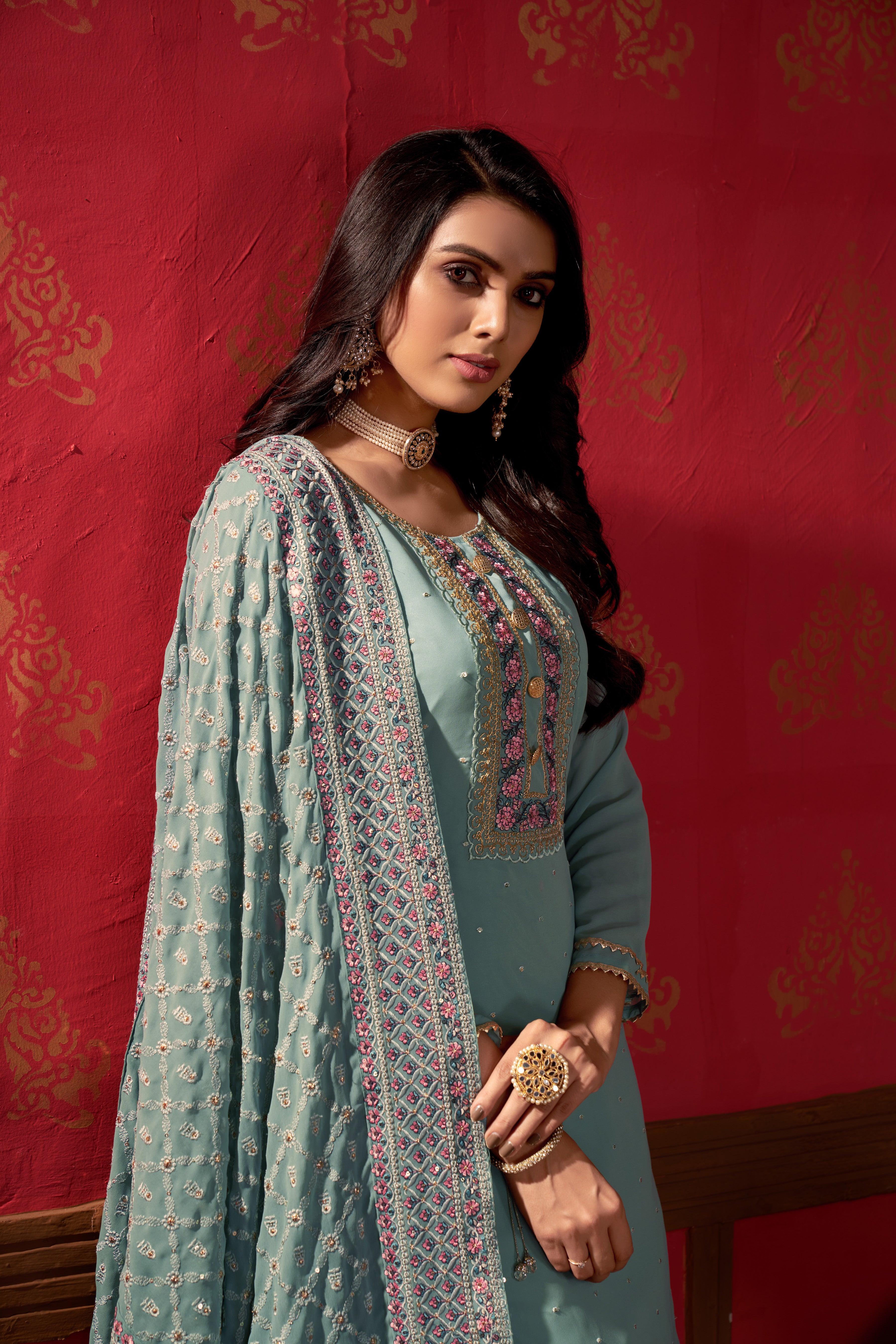 Women Georgette Heavy Embroidery Work Semi Stitch Dress Material.