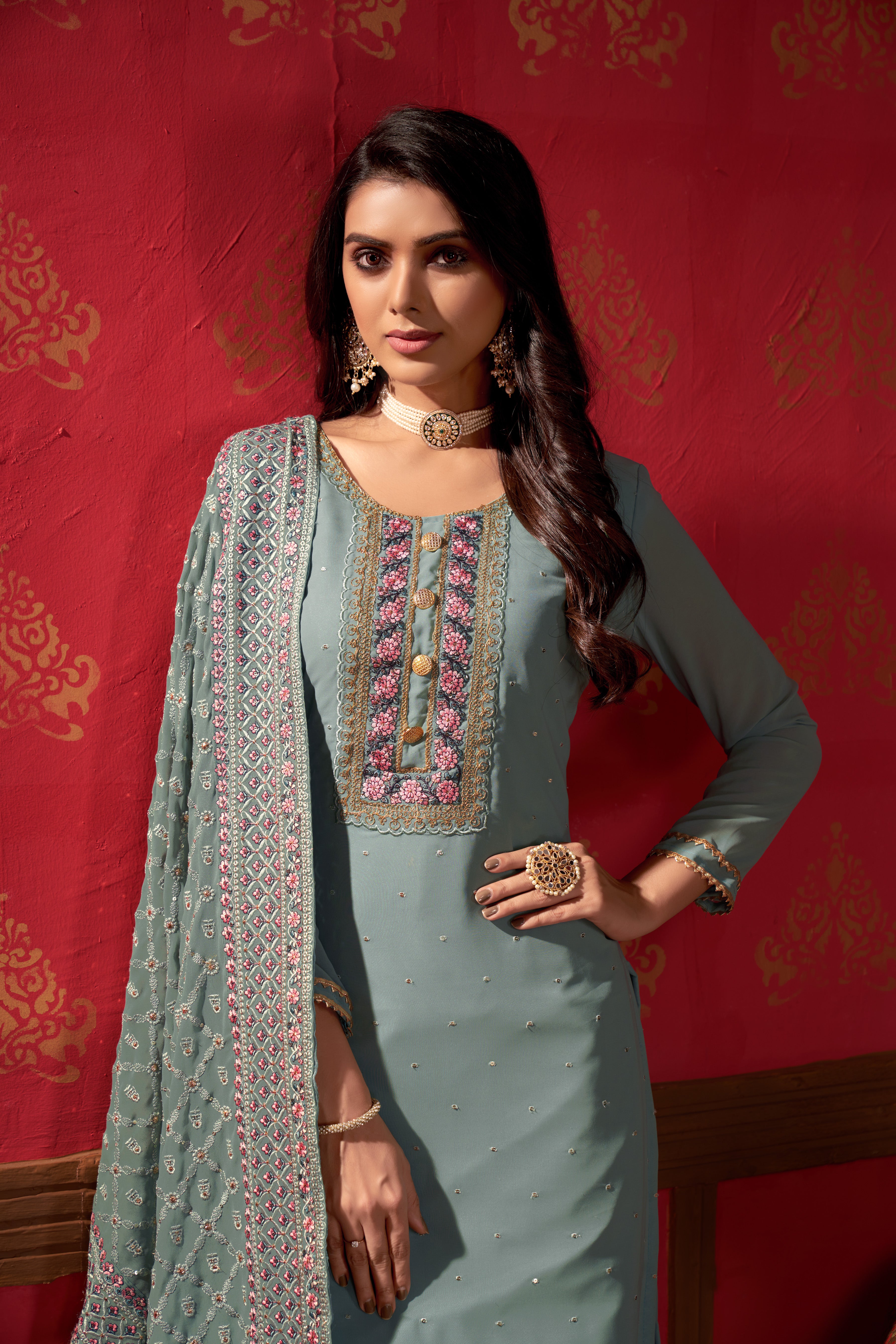 Women Georgette Heavy Embroidery Work Semi Stitch Dress Material.