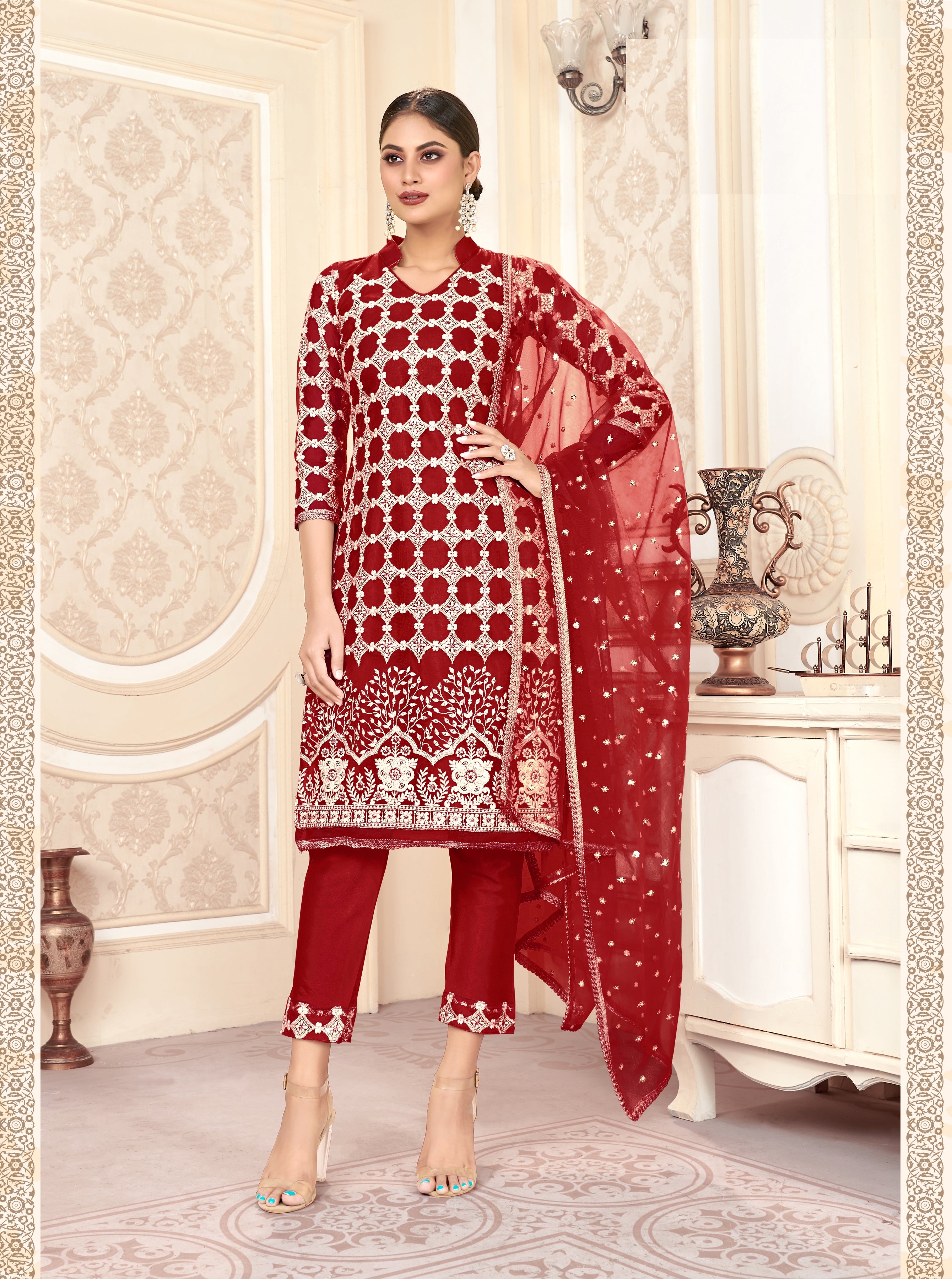 Red Women Net Heavy Embroidery Work Semi Stitch Dress Material.