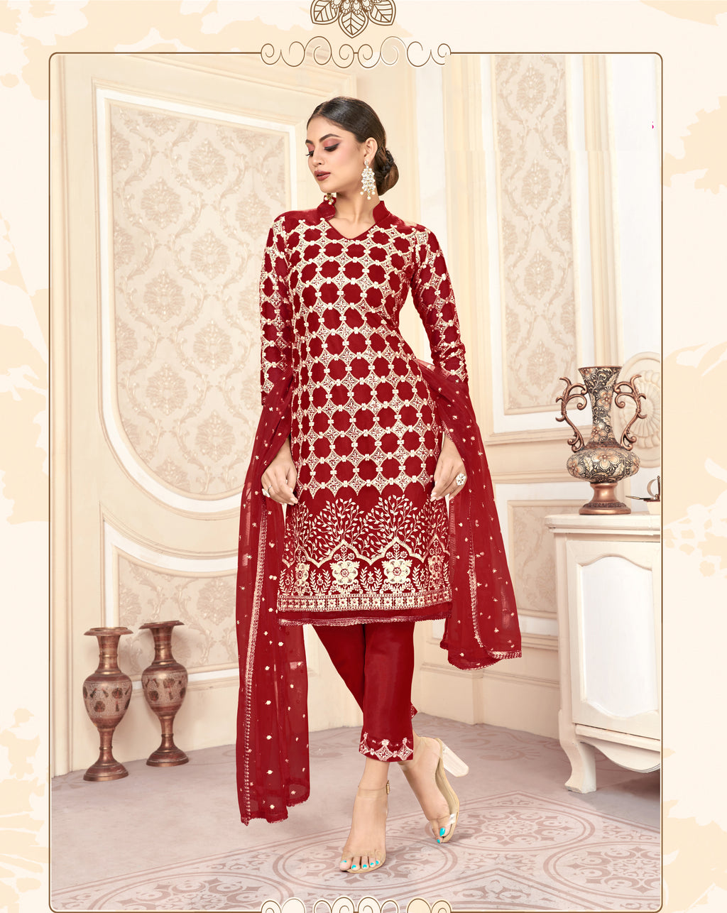 Red Women Net Heavy Embroidery Work Semi Stitch Dress Material.